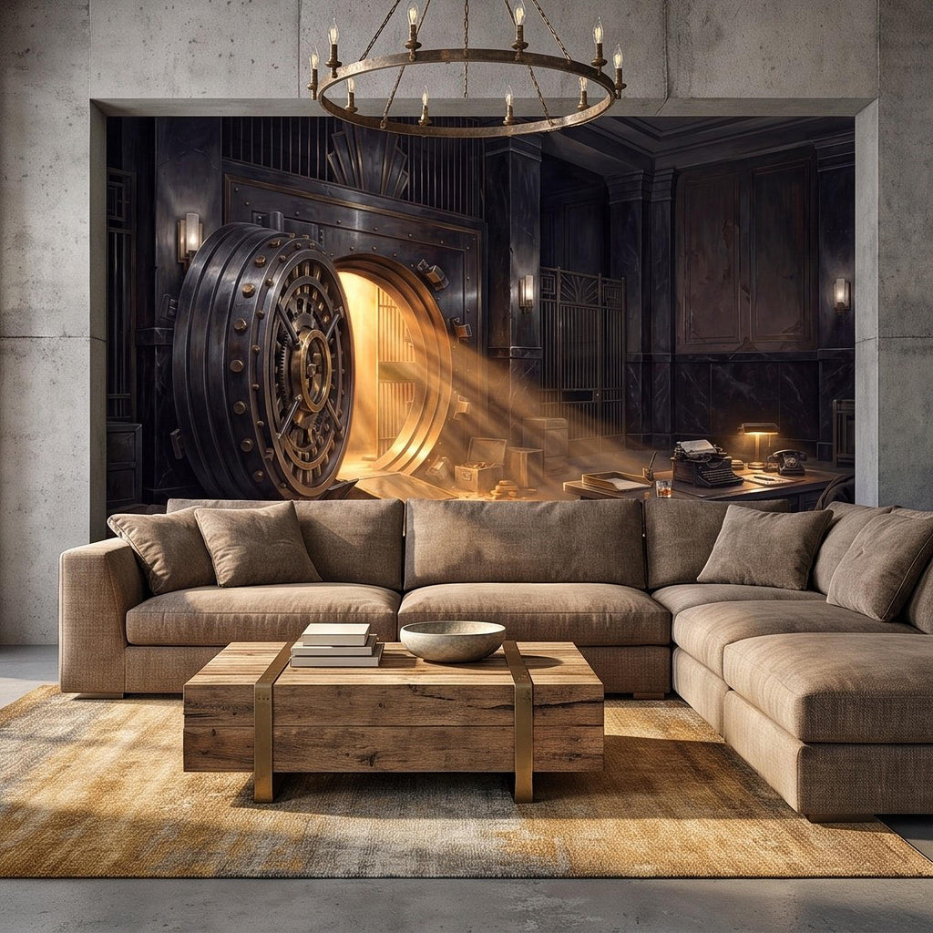 Bank Vault Peel and Stick Wall Mural, Open Safe Gold Bars Vintage Office Dark Luxury Interior Secret Treasure Dramatic Industrial Wallpaper