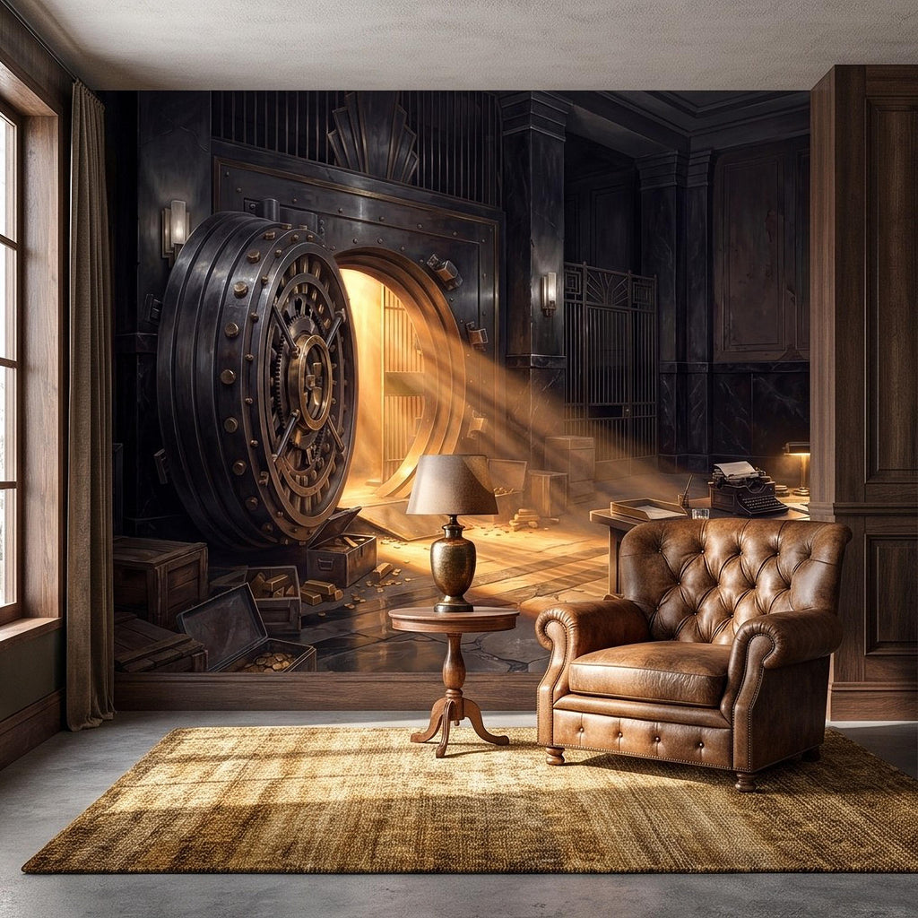 Bank Vault Peel and Stick Wall Mural, Open Safe Gold Bars Vintage Office Dark Luxury Interior Secret Treasure Dramatic Industrial Wallpaper