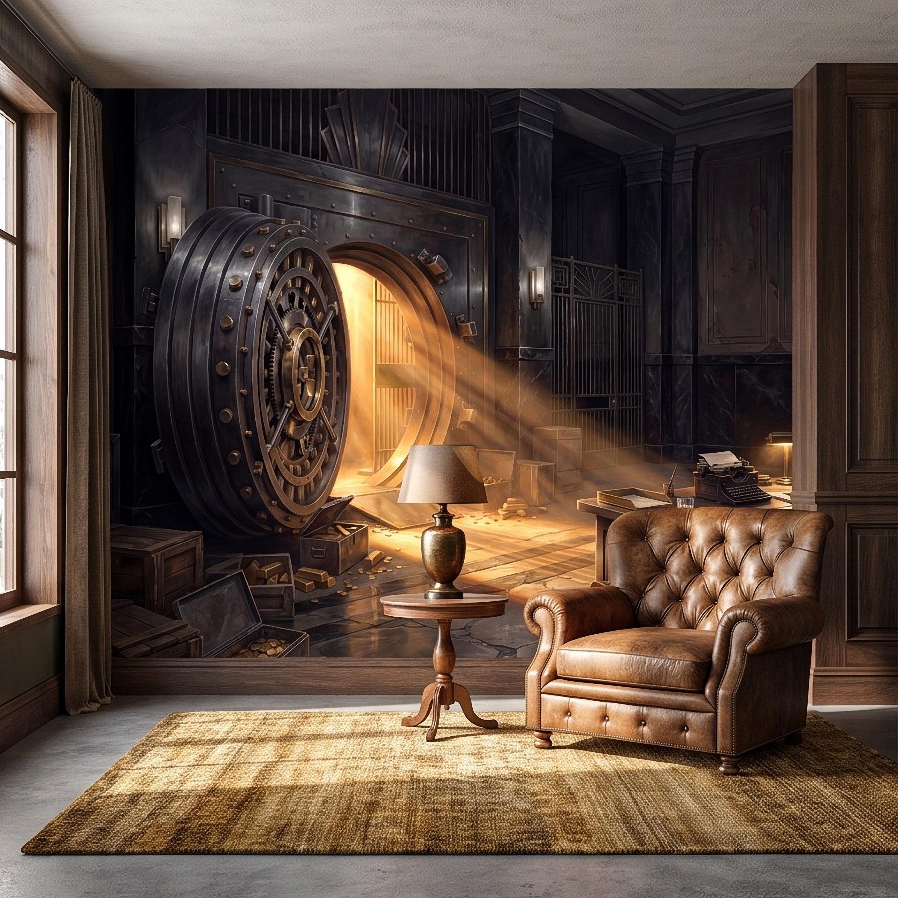 Bank Vault Peel and Stick Wall Mural, Open Safe Gold Bars Vintage Office Dark Luxury Interior Secret Treasure Dramatic Industrial Wallpaper