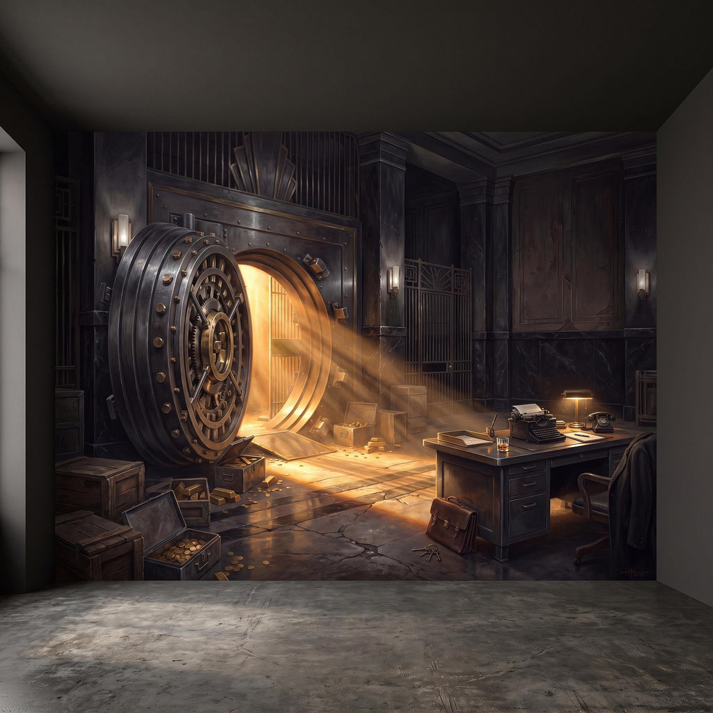 Bank Vault Peel and Stick Wall Mural, Open Safe Gold Bars Vintage Office Dark Luxury Interior Secret Treasure Dramatic Industrial Wallpaper
