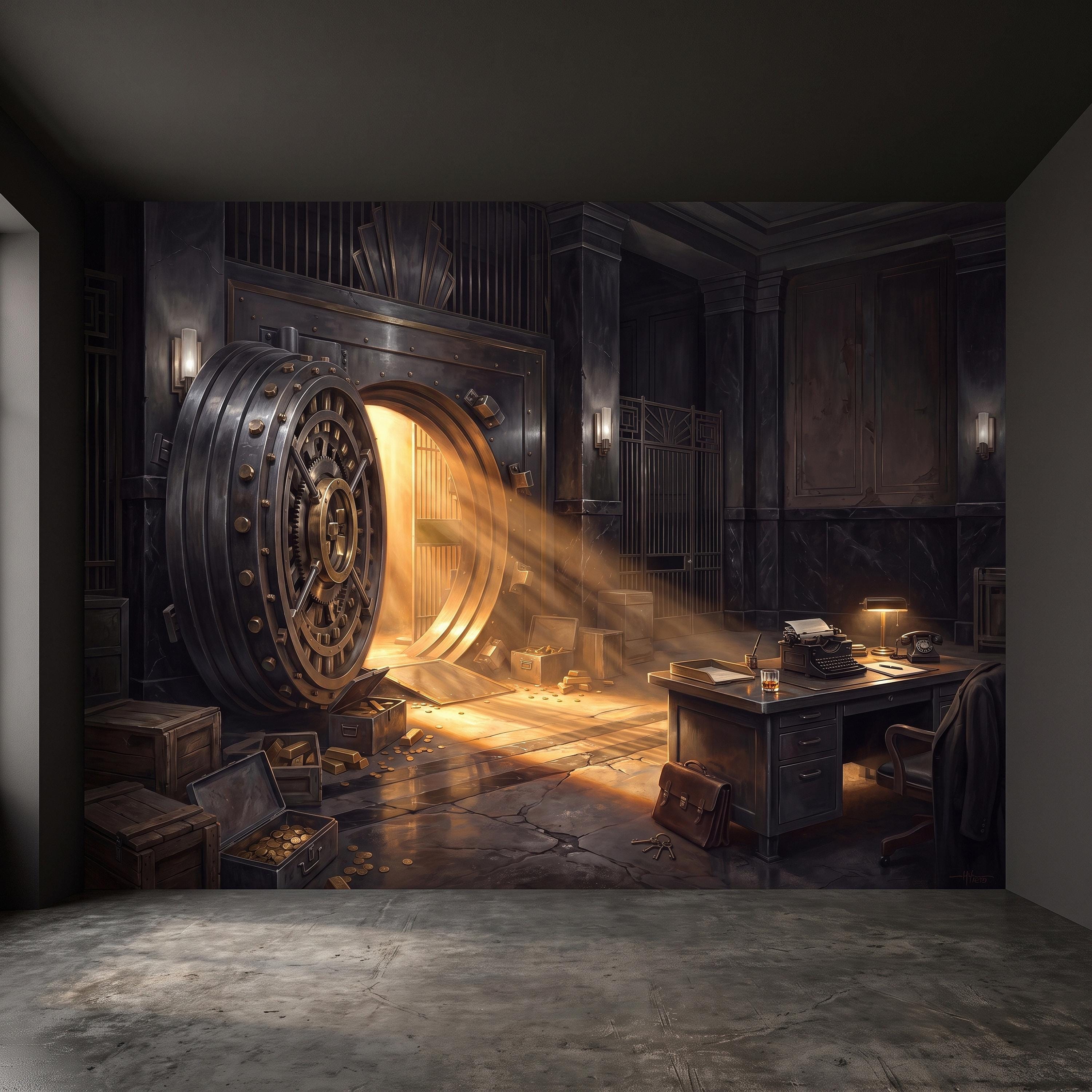 Bank Vault Peel and Stick Wall Mural, Open Safe Gold Bars Vintage Office Dark Luxury Interior Secret Treasure Dramatic Industrial Wallpaper
