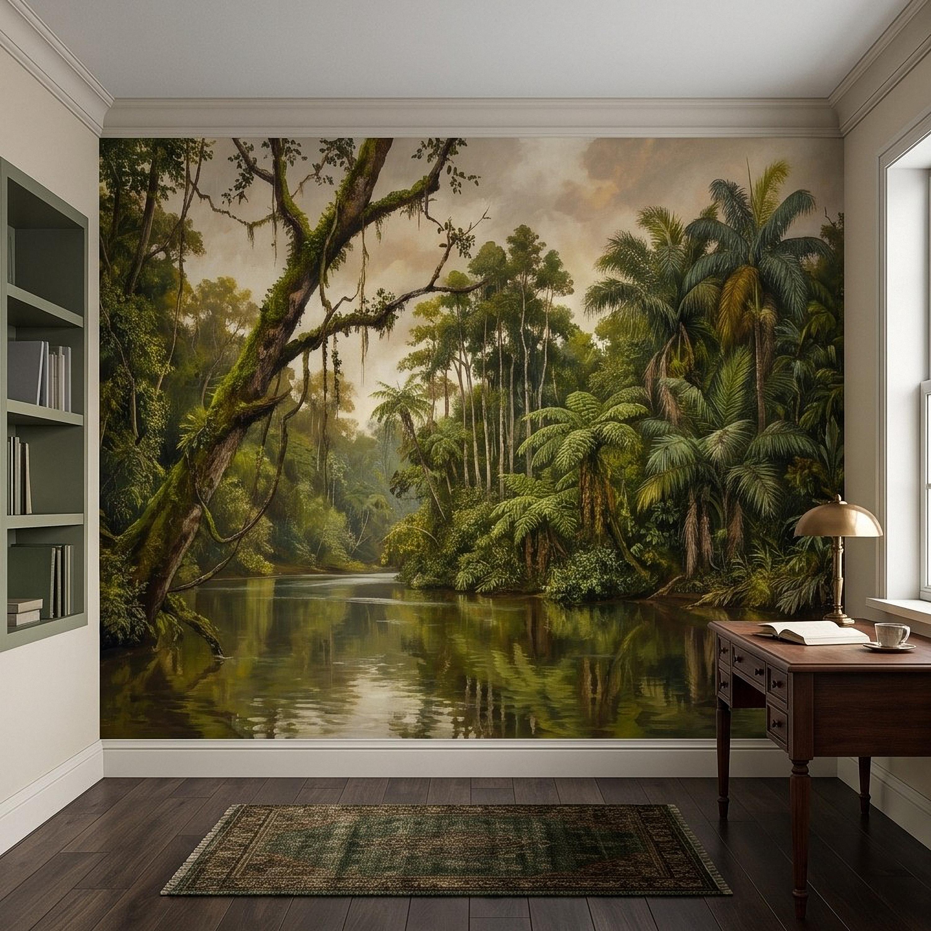 Tropical Jungle Peel and Stick Wall Mural, Lush Rainforest River Landscape Palm Trees Vintage Botanical Oil Painting Nature Scenic Wallpaper