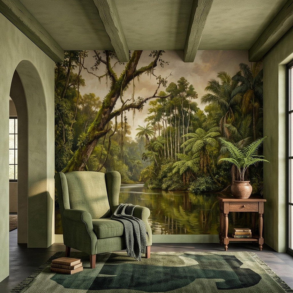 Tropical Jungle Peel and Stick Wall Mural, Lush Rainforest River Landscape Palm Trees Vintage Botanical Oil Painting Nature Scenic Wallpaper