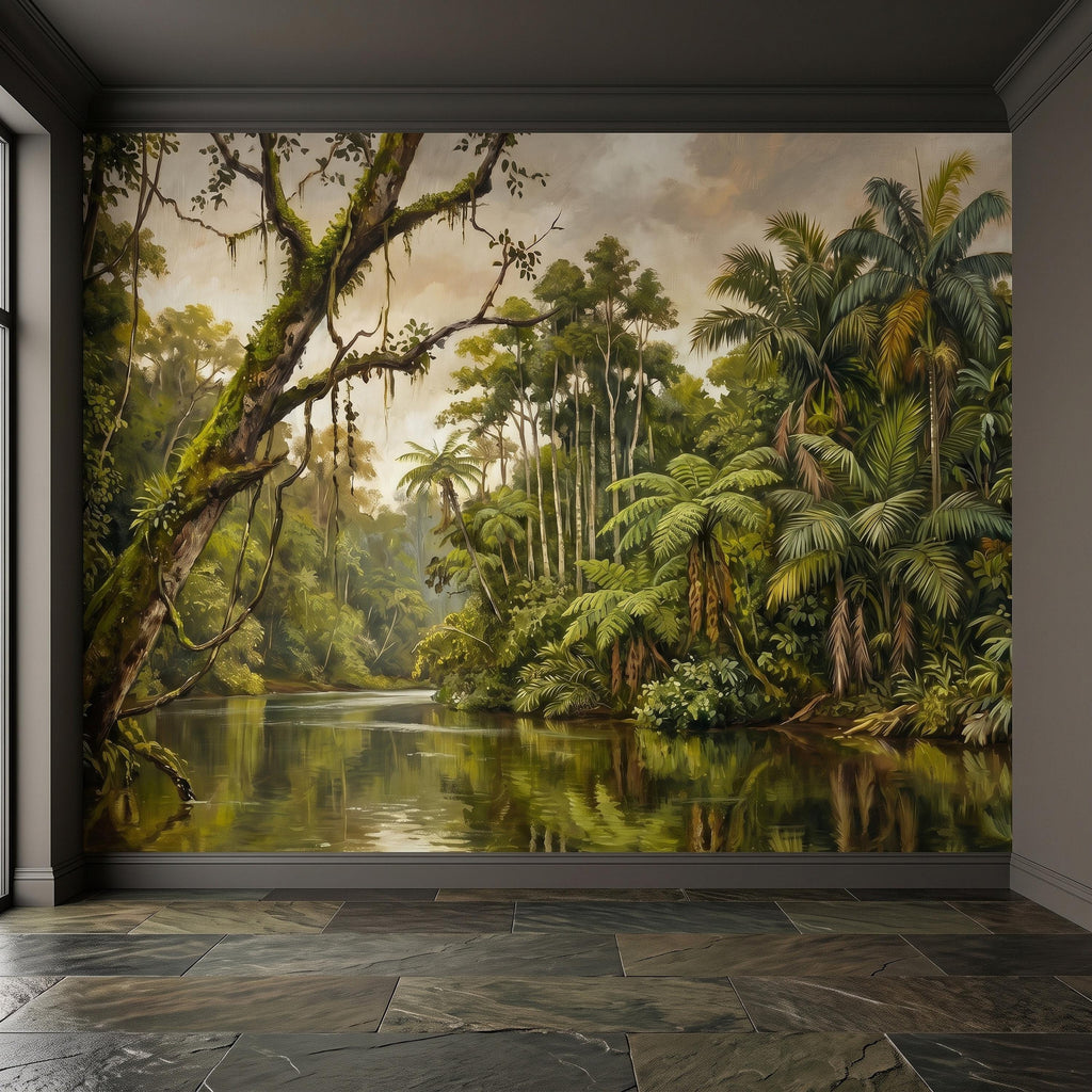 Tropical Jungle Peel and Stick Wall Mural, Lush Rainforest River Landscape Palm Trees Vintage Botanical Oil Painting Nature Scenic Wallpaper