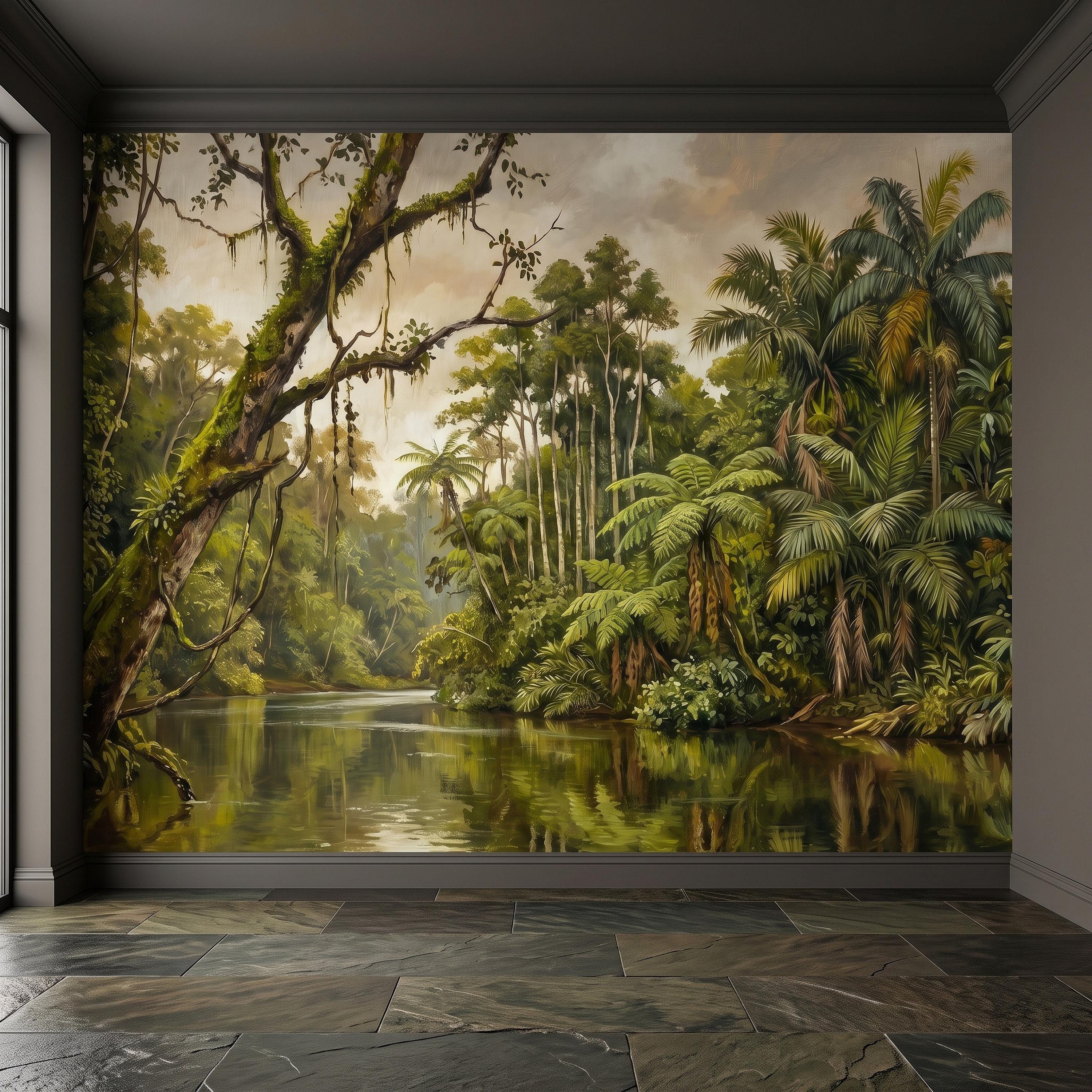 Tropical Jungle Peel and Stick Wall Mural, Lush Rainforest River Landscape Palm Trees Vintage Botanical Oil Painting Nature Scenic Wallpaper