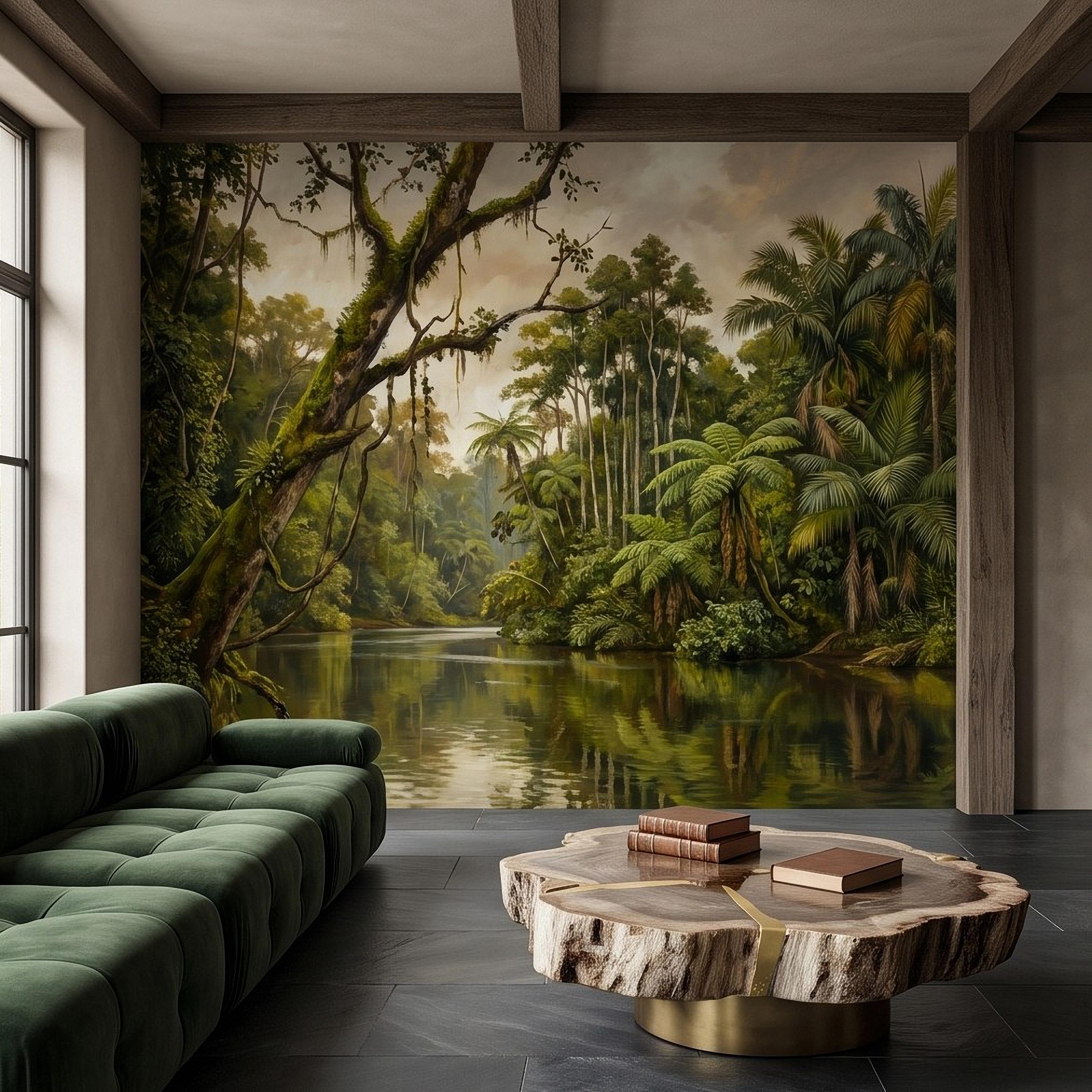 Tropical Jungle Peel and Stick Wall Mural, Lush Rainforest River Landscape Palm Trees Vintage Botanical Oil Painting Nature Scenic Wallpaper
