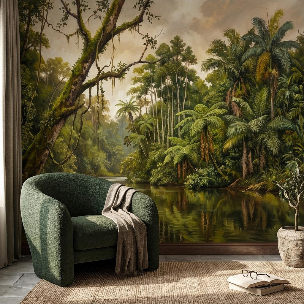 Tropical Jungle Peel and Stick Wall Mural, Lush Rainforest River Landscape Palm Trees Vintage Botanical Oil Painting Nature Scenic Wallpaper