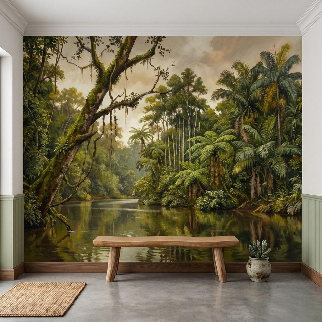 Tropical Jungle Peel and Stick Wall Mural, Lush Rainforest River Landscape Palm Trees Vintage Botanical Oil Painting Nature Scenic Wallpaper