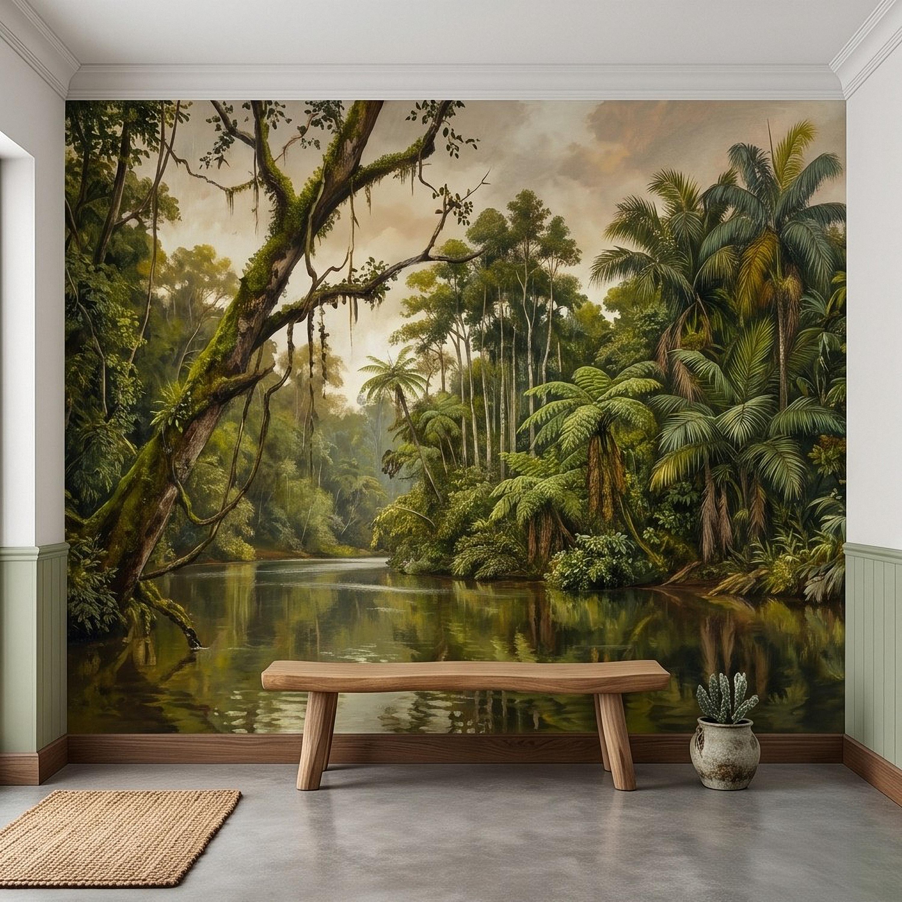 Tropical Jungle Peel and Stick Wall Mural, Lush Rainforest River Landscape Palm Trees Vintage Botanical Oil Painting Nature Scenic Wallpaper
