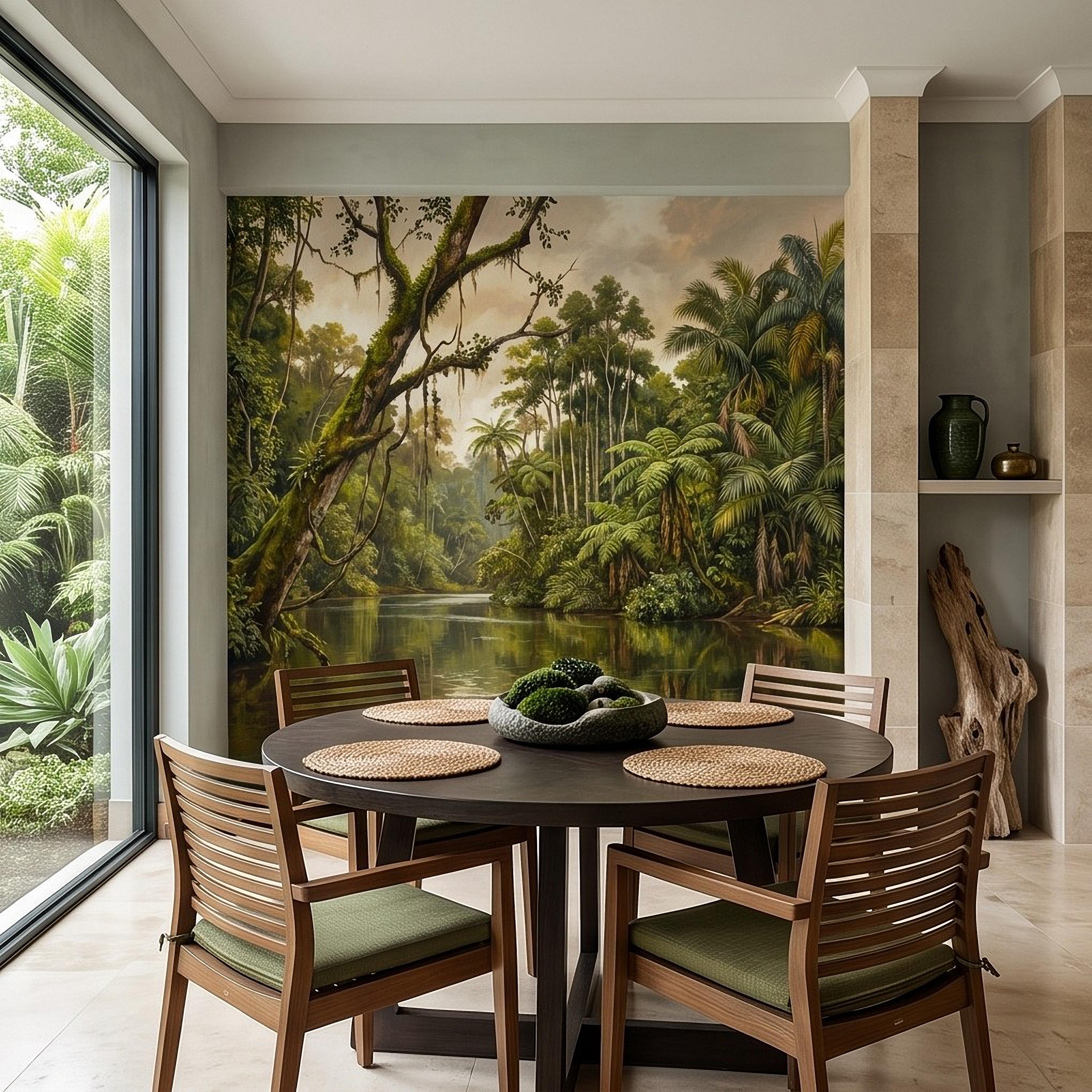 Tropical Jungle Peel and Stick Wall Mural, Lush Rainforest River Landscape Palm Trees Vintage Botanical Oil Painting Nature Scenic Wallpaper