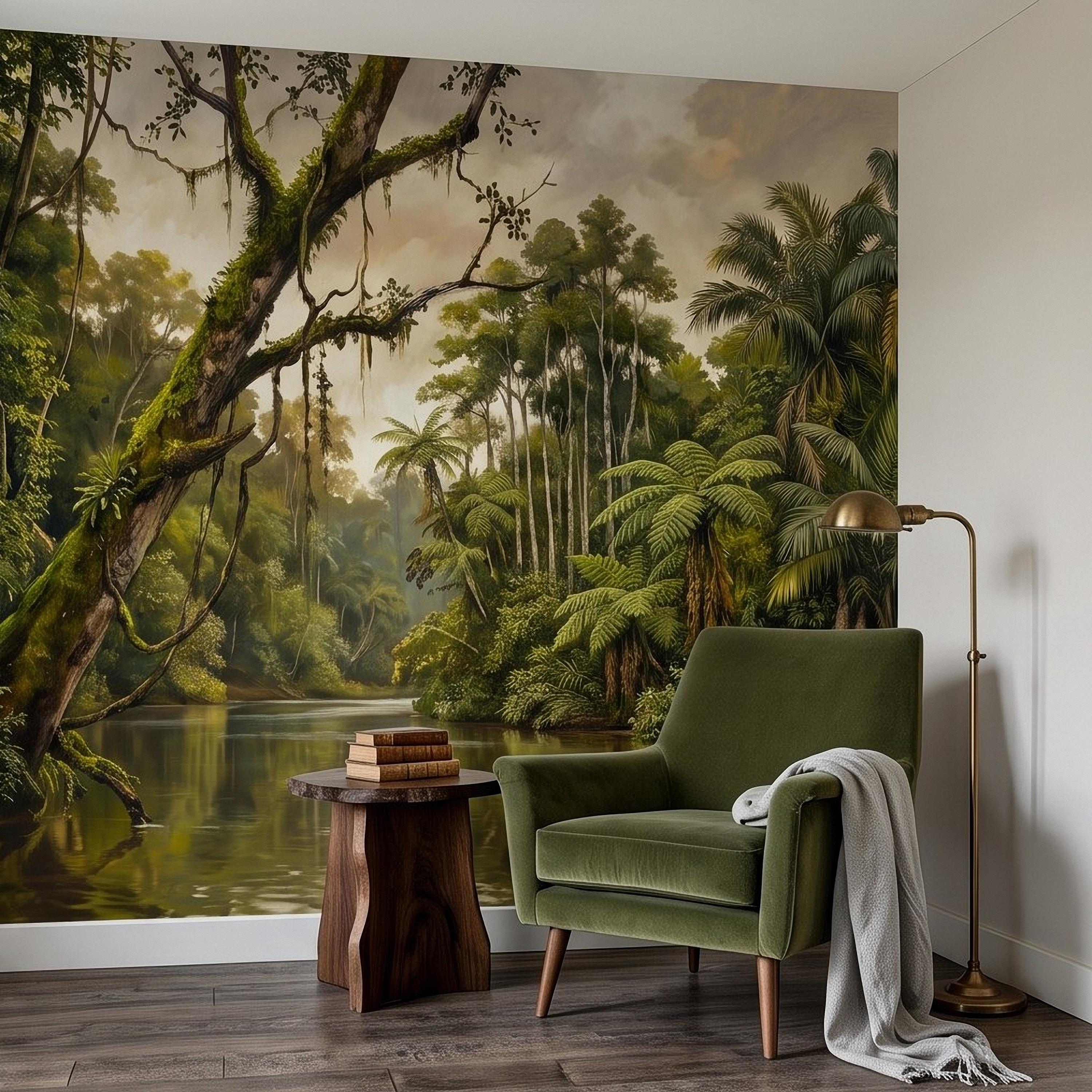 Tropical Jungle Peel and Stick Wall Mural, Lush Rainforest River Landscape Palm Trees Vintage Botanical Oil Painting Nature Scenic Wallpaper