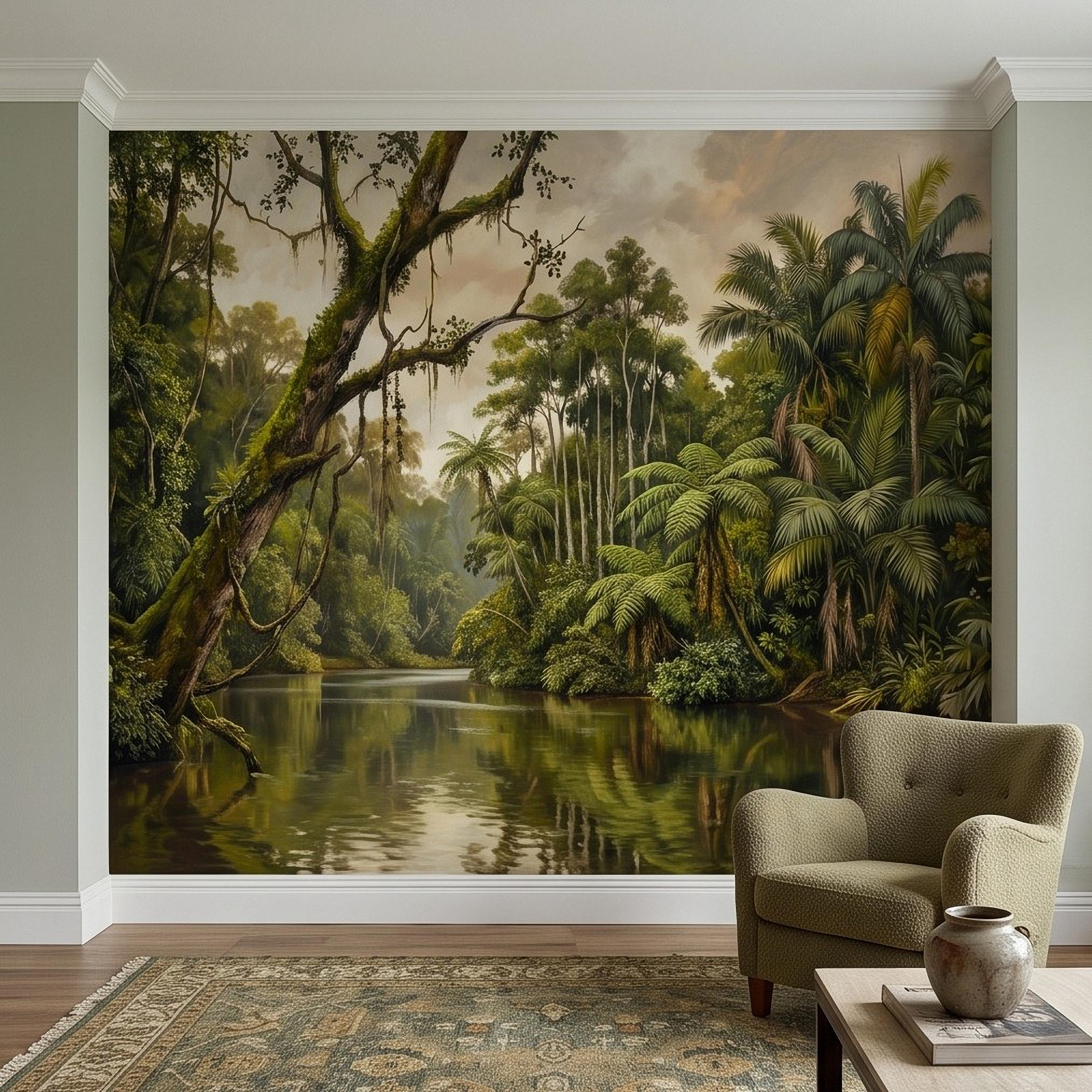 Tropical Jungle Peel and Stick Wall Mural, Lush Rainforest River Landscape Palm Trees Vintage Botanical Oil Painting Nature Scenic Wallpaper