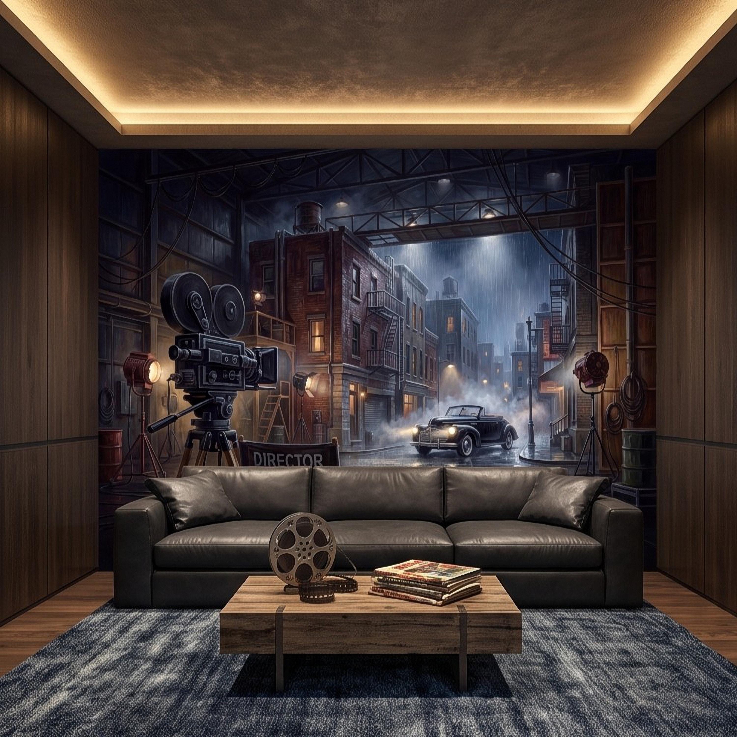 Hollywood Movie Set Peel and Stick Wall Mural, Vintage Film Camera Director Chair Rainy Street Classic Cinema Backlot Retro Film Wallpaper