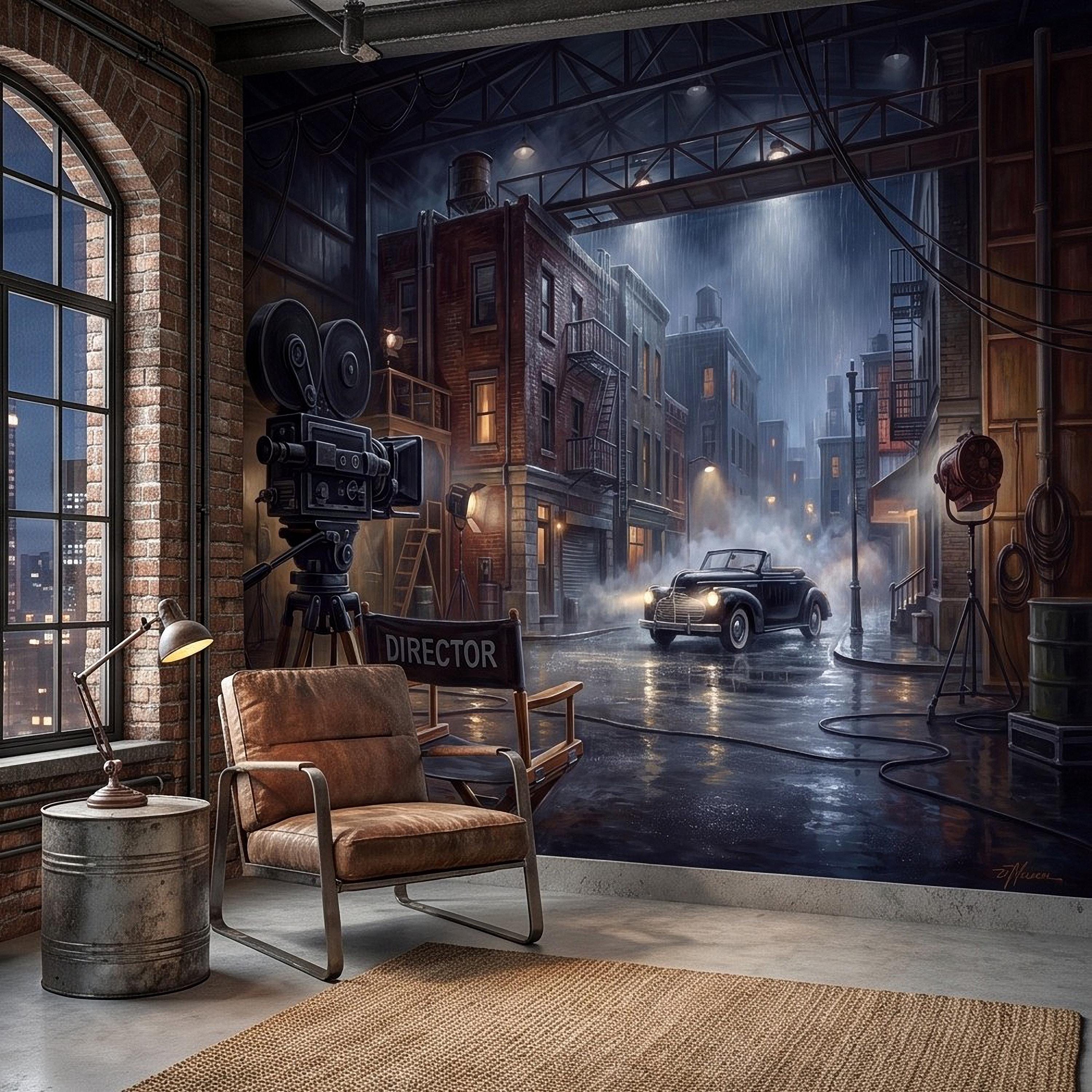 Hollywood Movie Set Peel and Stick Wall Mural, Vintage Film Camera Director Chair Rainy Street Classic Cinema Backlot Retro Film Wallpaper