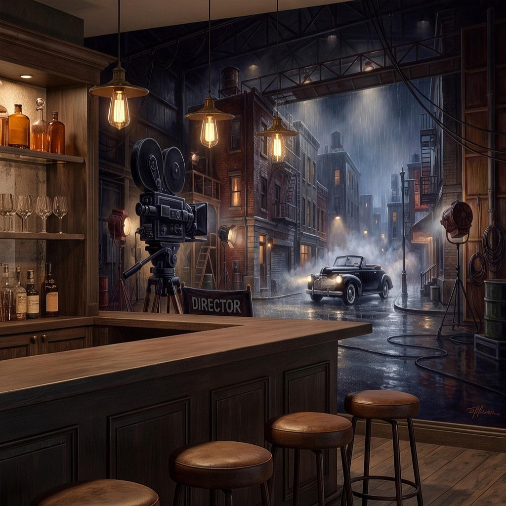 Hollywood Movie Set Peel and Stick Wall Mural, Vintage Film Camera Director Chair Rainy Street Classic Cinema Backlot Retro Film Wallpaper