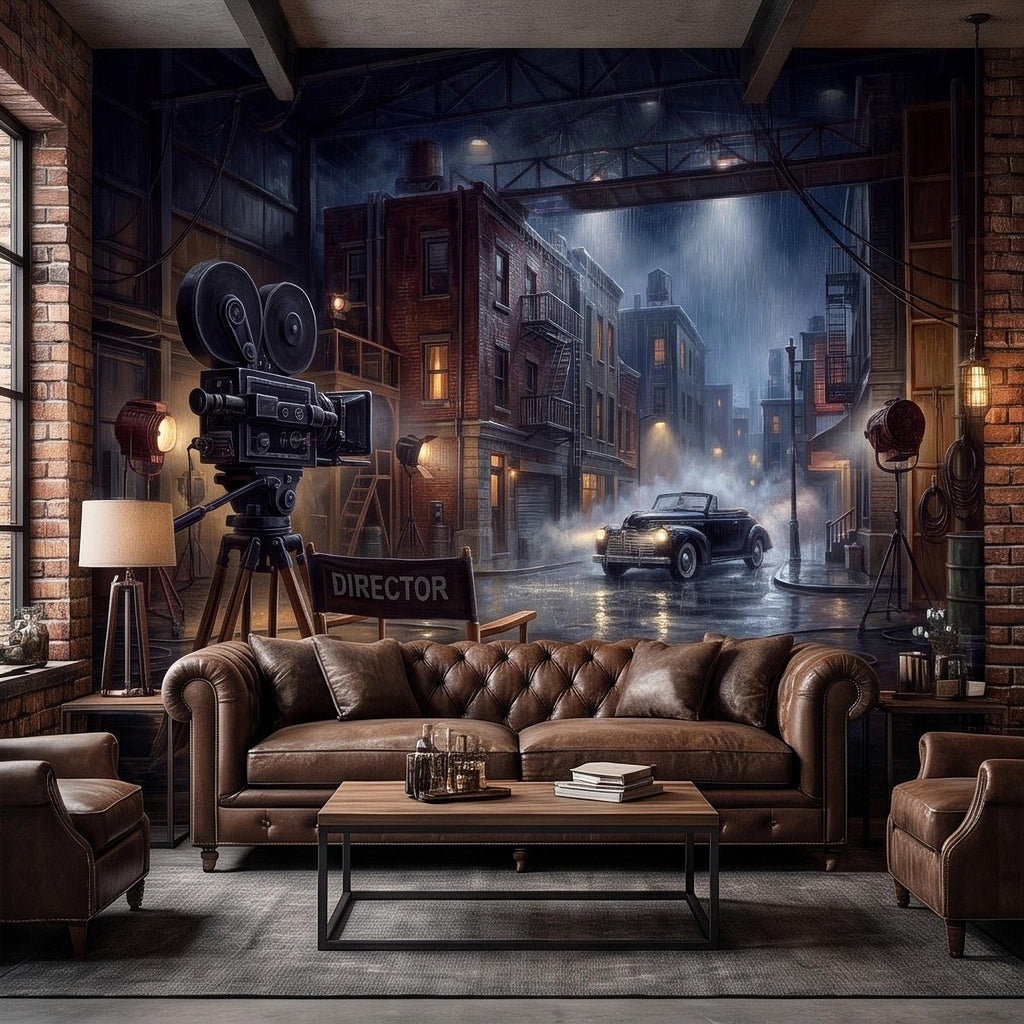 Hollywood Movie Set Peel and Stick Wall Mural, Vintage Film Camera Director Chair Rainy Street Classic Cinema Backlot Retro Film Wallpaper