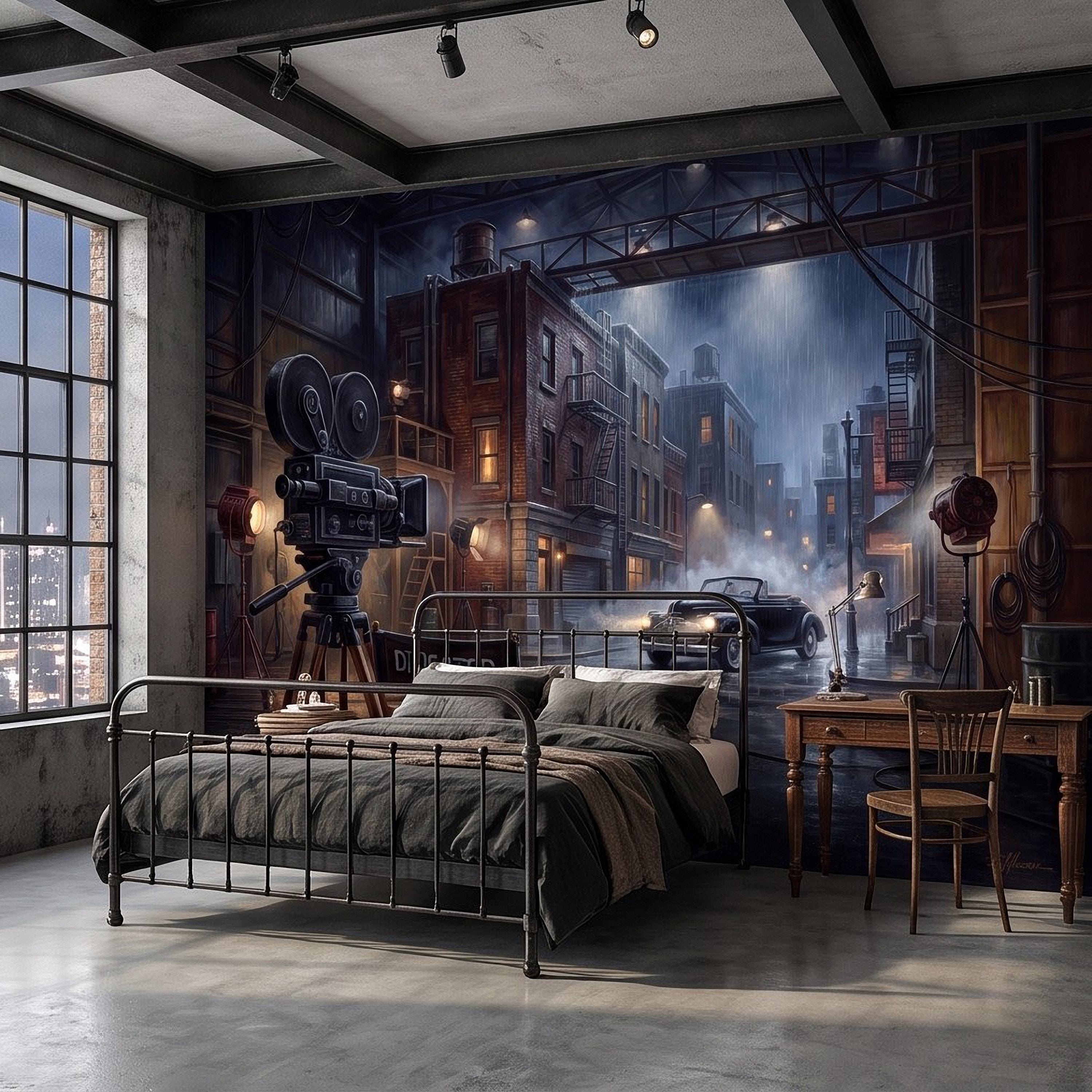 Hollywood Movie Set Peel and Stick Wall Mural, Vintage Film Camera Director Chair Rainy Street Classic Cinema Backlot Retro Film Wallpaper
