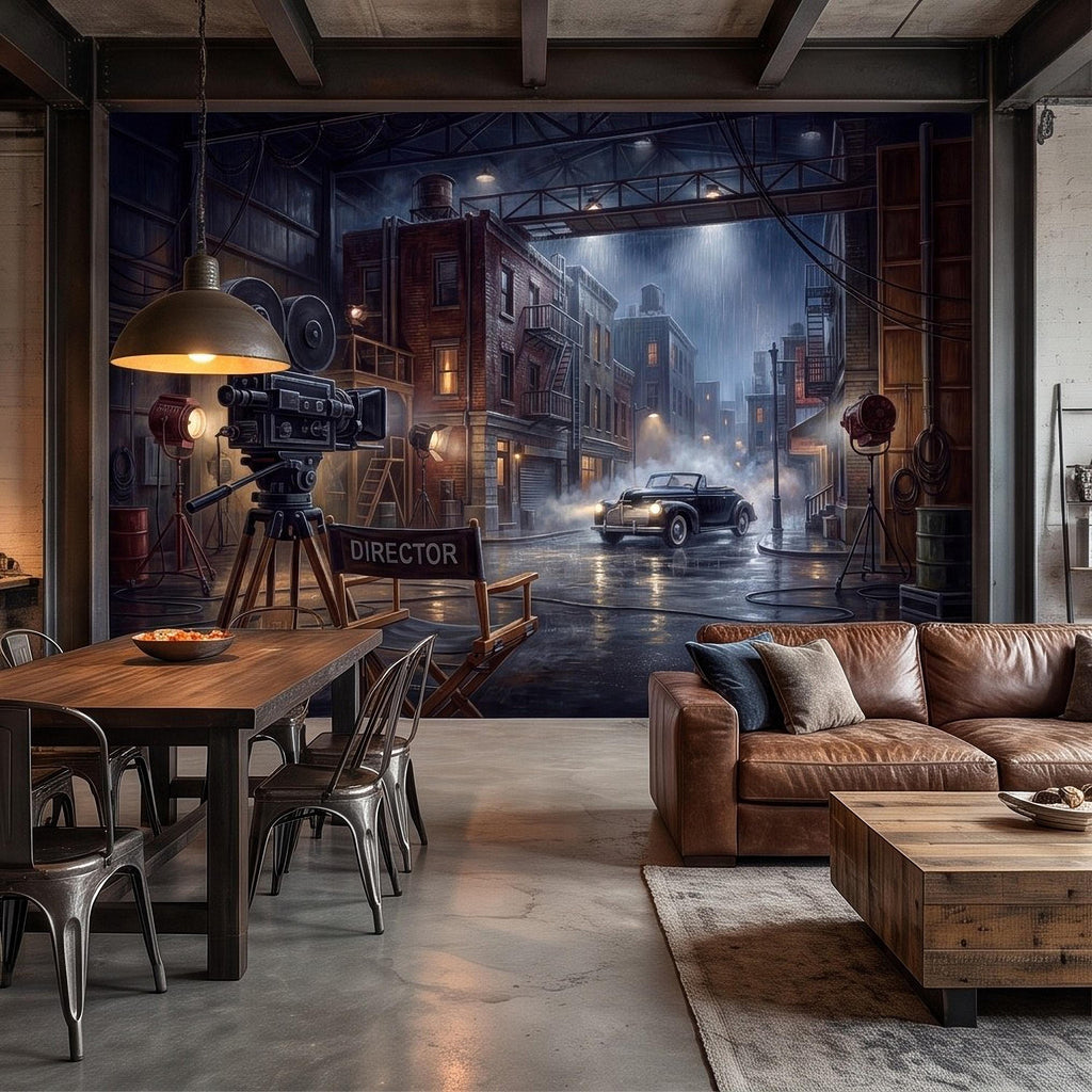 Hollywood Movie Set Peel and Stick Wall Mural, Vintage Film Camera Director Chair Rainy Street Classic Cinema Backlot Retro Film Wallpaper
