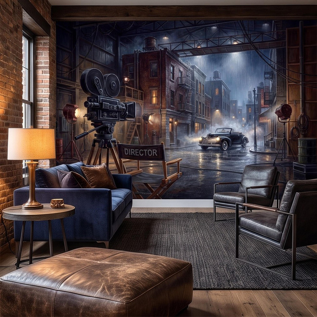 Hollywood Movie Set Peel and Stick Wall Mural, Vintage Film Camera Director Chair Rainy Street Classic Cinema Backlot Retro Film Wallpaper