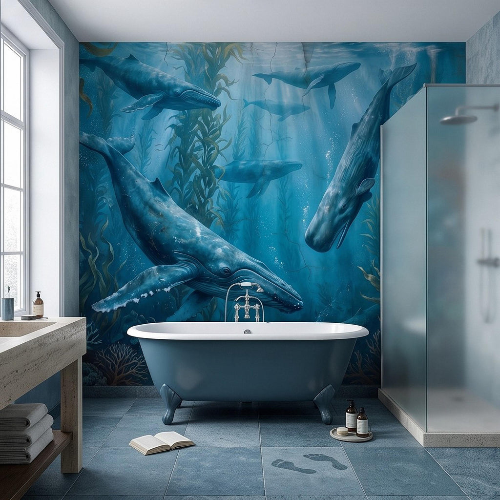 Whale Ocean Peel and Stick Wall Mural, Humpback Sperm Whales Deep Blue Kelp Forest Aged Distressed Vintage Fresco Painting Wallpaper