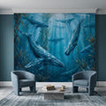 Whale Ocean Peel and Stick Wall Mural, Humpback Sperm Whales Deep Blue Kelp Forest Aged Distressed Vintage Fresco Painting Wallpaper