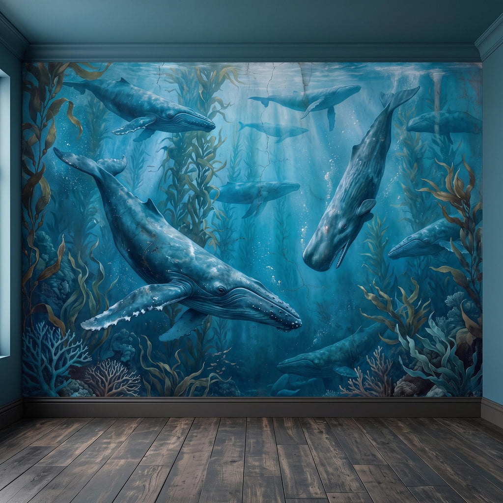 Whale Ocean Peel and Stick Wall Mural, Humpback Sperm Whales Deep Blue Kelp Forest Aged Distressed Vintage Fresco Painting Wallpaper