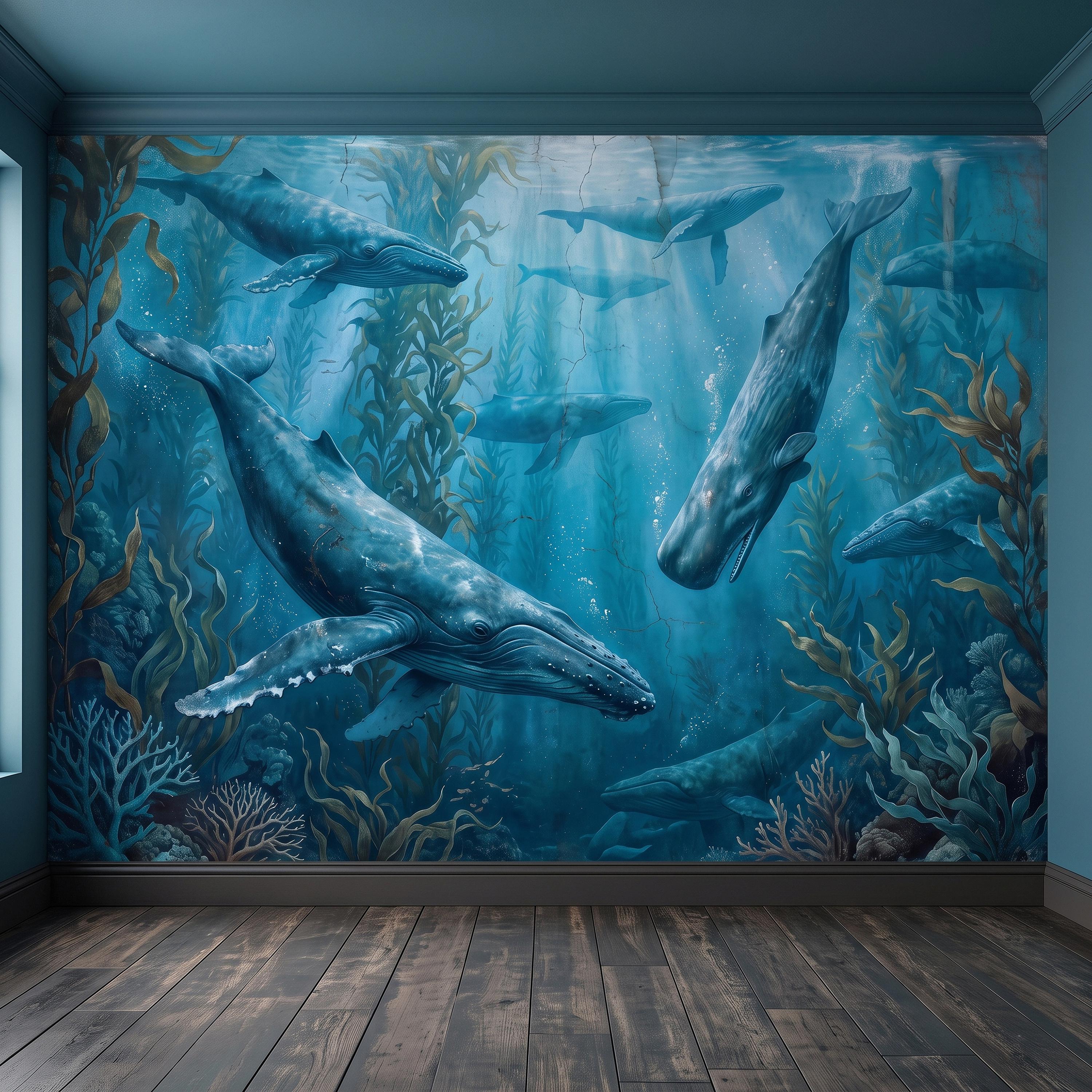 Whale Ocean Peel and Stick Wall Mural, Humpback Sperm Whales Deep Blue Kelp Forest Aged Distressed Vintage Fresco Painting Wallpaper