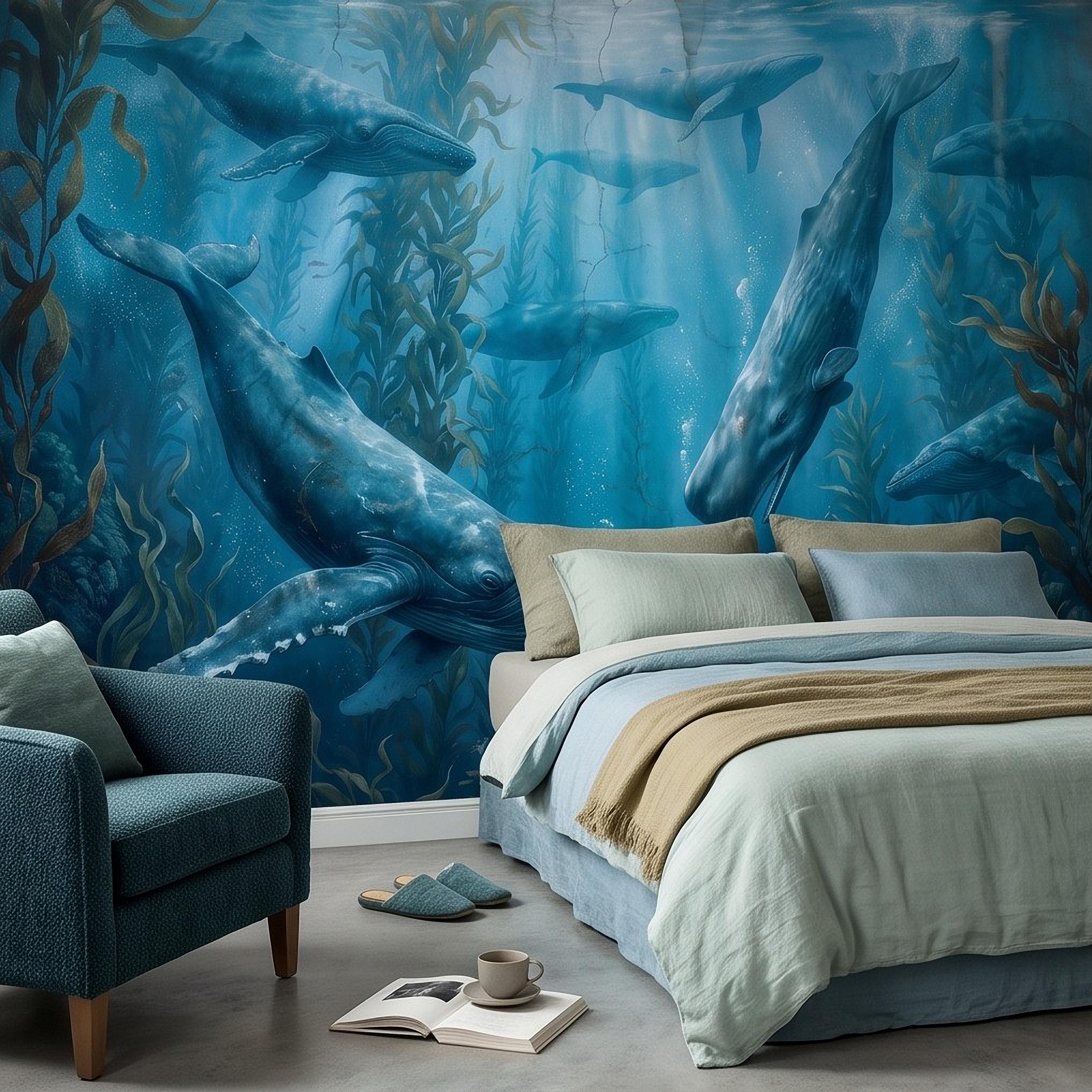 Whale Ocean Peel and Stick Wall Mural, Humpback Sperm Whales Deep Blue Kelp Forest Aged Distressed Vintage Fresco Painting Wallpaper