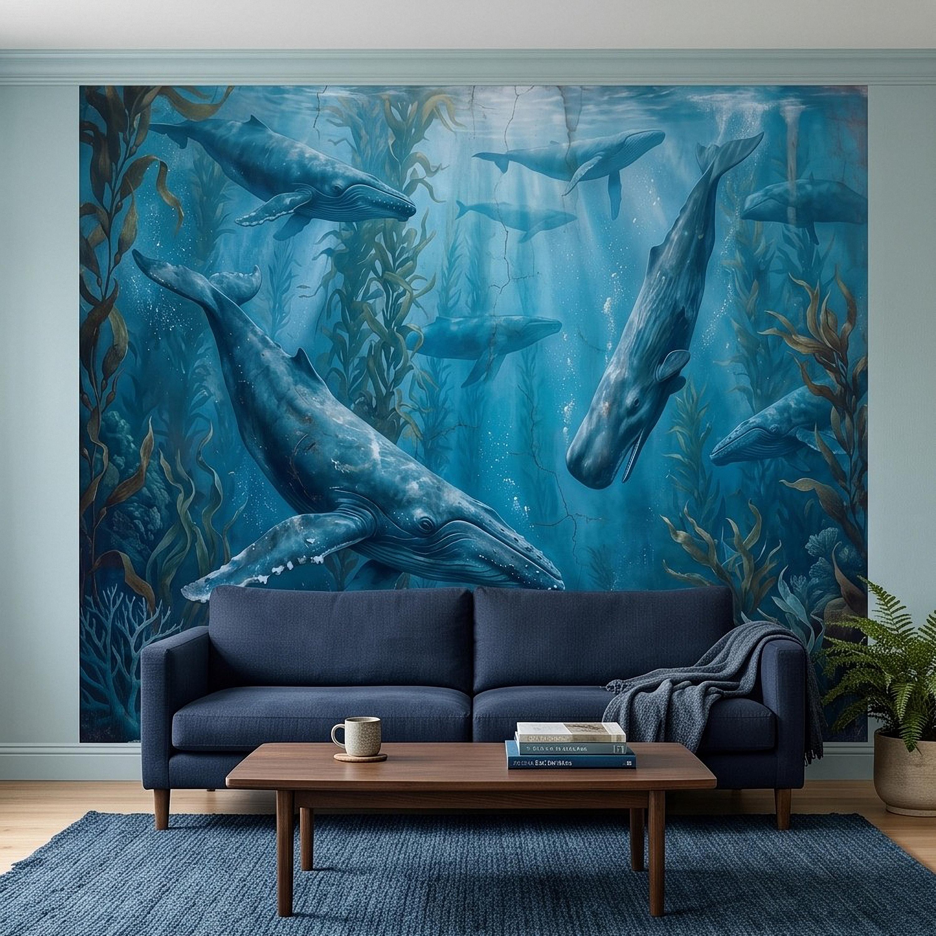 Whale Ocean Peel and Stick Wall Mural, Humpback Sperm Whales Deep Blue Kelp Forest Aged Distressed Vintage Fresco Painting Wallpaper