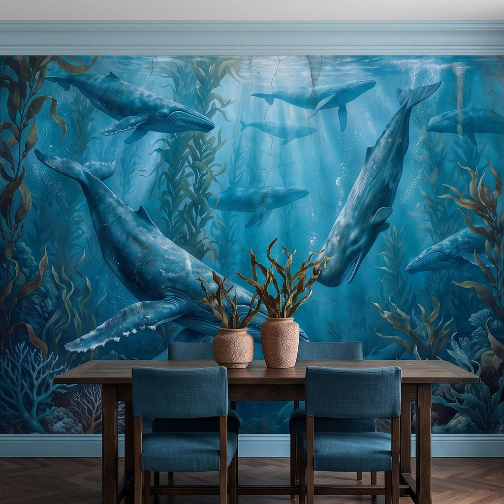 Whale Ocean Peel and Stick Wall Mural, Humpback Sperm Whales Deep Blue Kelp Forest Aged Distressed Vintage Fresco Painting Wallpaper
