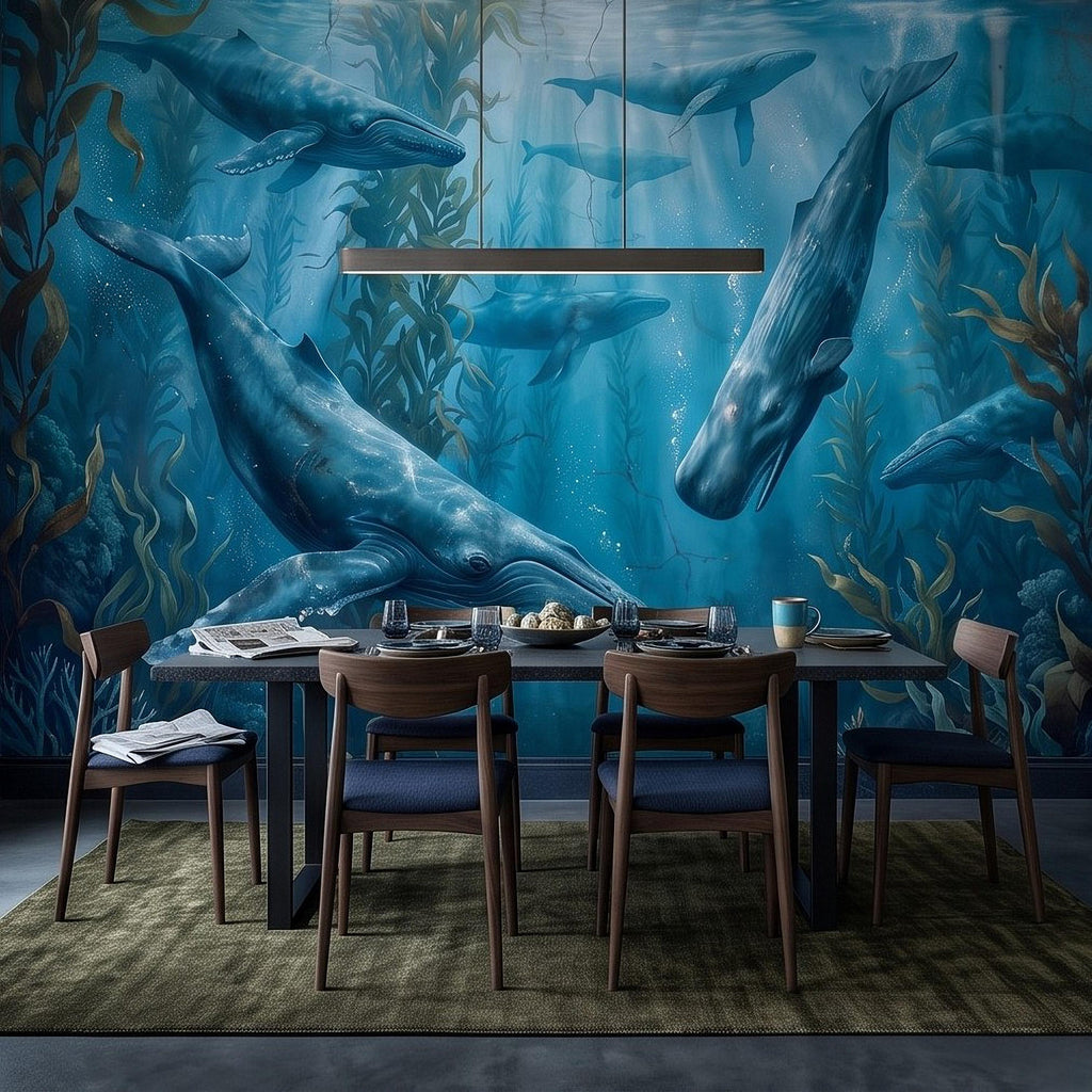 Whale Ocean Peel and Stick Wall Mural, Humpback Sperm Whales Deep Blue Kelp Forest Aged Distressed Vintage Fresco Painting Wallpaper