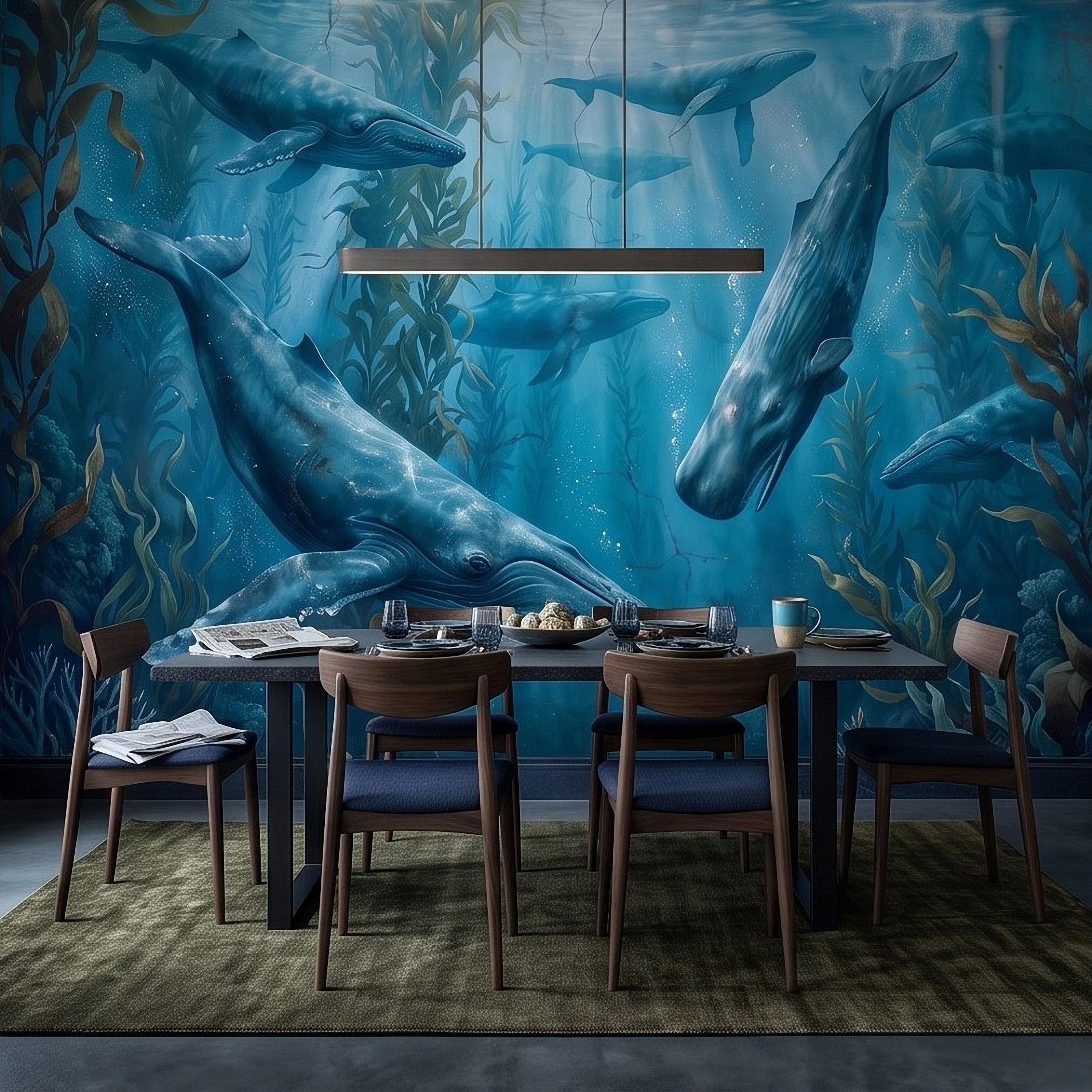 Whale Ocean Peel and Stick Wall Mural, Humpback Sperm Whales Deep Blue Kelp Forest Aged Distressed Vintage Fresco Painting Wallpaper
