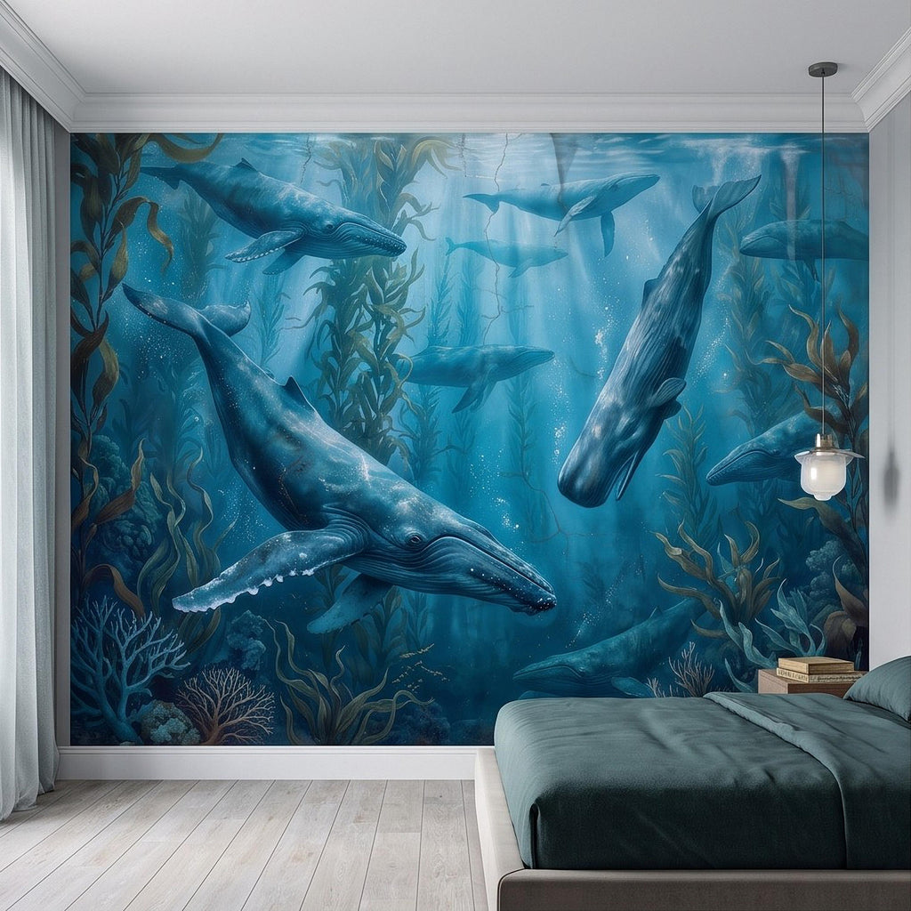 Whale Ocean Peel and Stick Wall Mural, Humpback Sperm Whales Deep Blue Kelp Forest Aged Distressed Vintage Fresco Painting Wallpaper