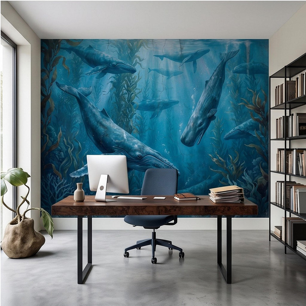 Whale Ocean Peel and Stick Wall Mural, Humpback Sperm Whales Deep Blue Kelp Forest Aged Distressed Vintage Fresco Painting Wallpaper