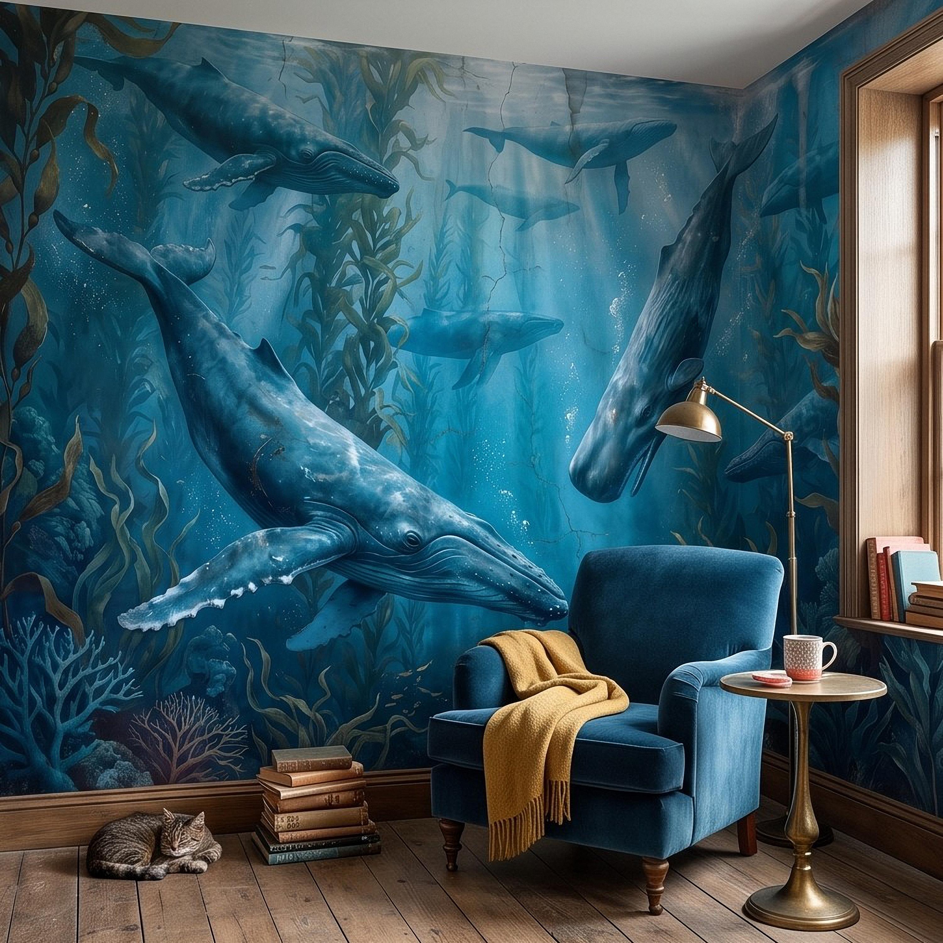 Whale Ocean Peel and Stick Wall Mural, Humpback Sperm Whales Deep Blue Kelp Forest Aged Distressed Vintage Fresco Painting Wallpaper