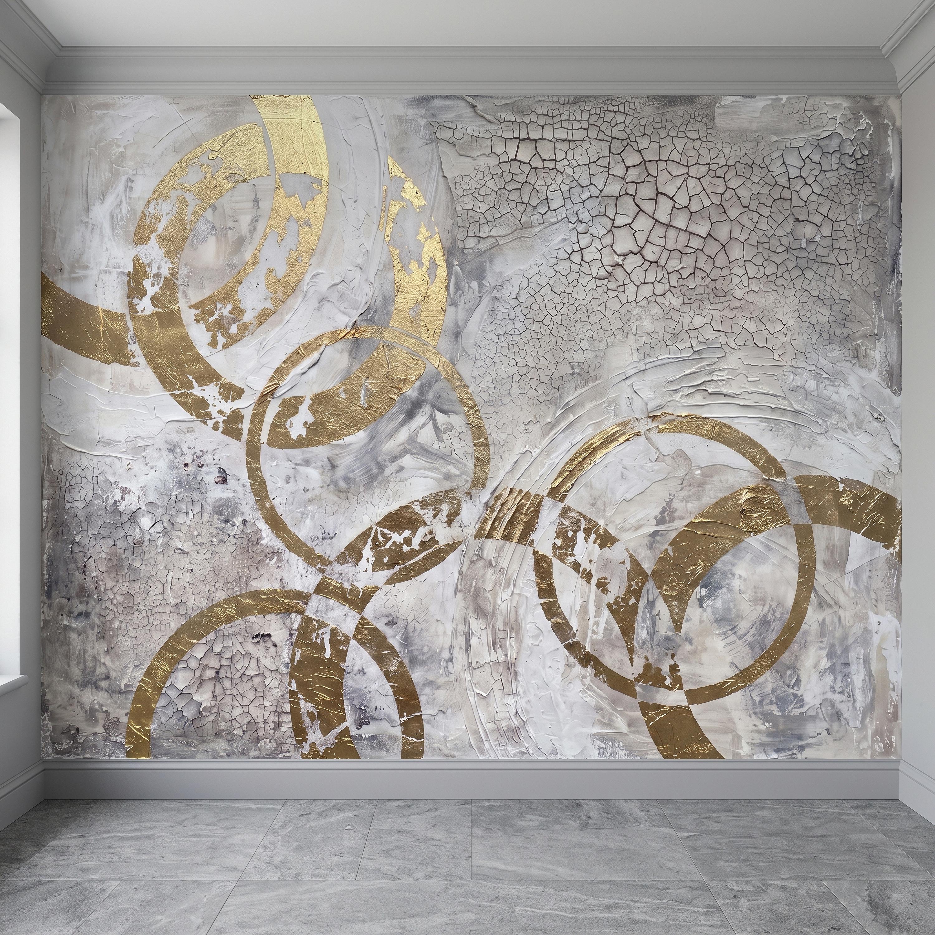 Abstract Gold Circles Peel and Stick Wall Mural, White Gray Geometric Cracked Plaster Texture Modern Luxury Contemporary Art Wallpaper