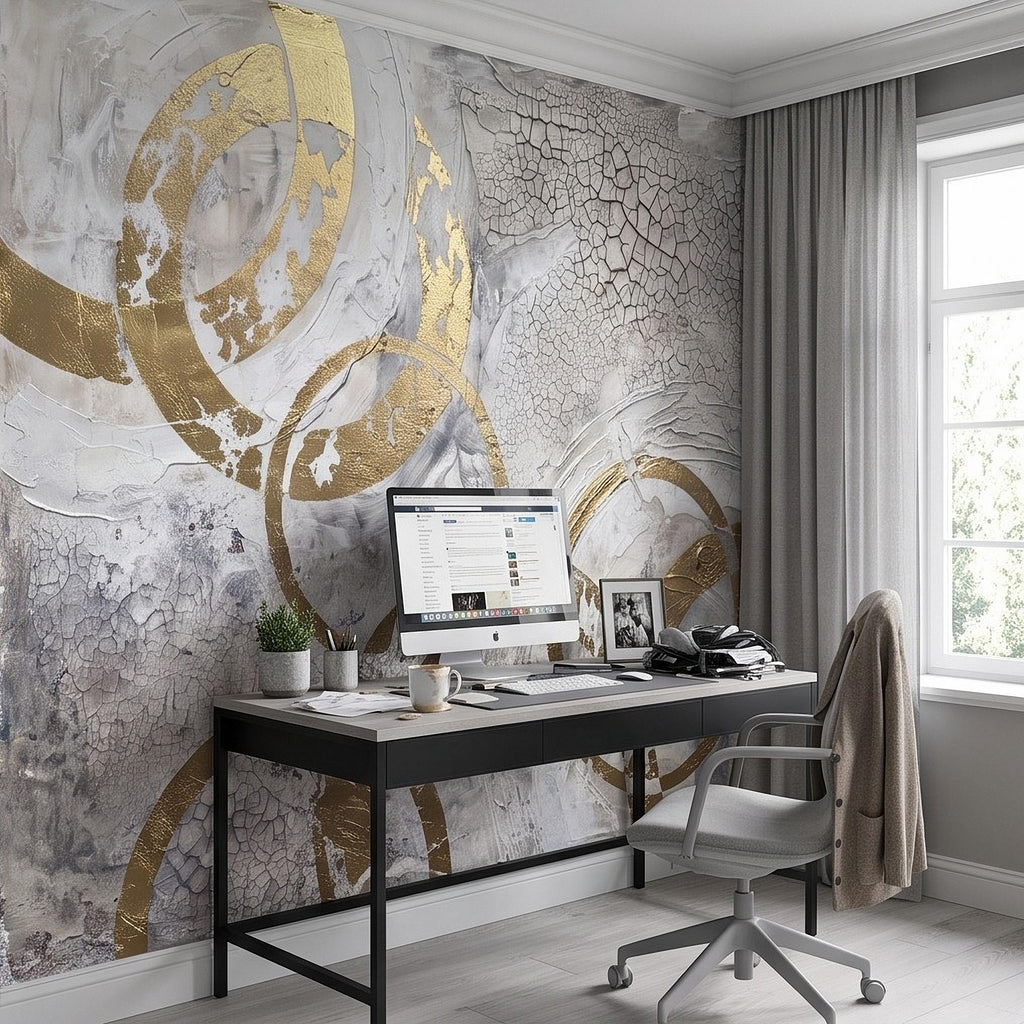 Abstract Gold Circles Peel and Stick Wall Mural, White Gray Geometric Cracked Plaster Texture Modern Luxury Contemporary Art Wallpaper