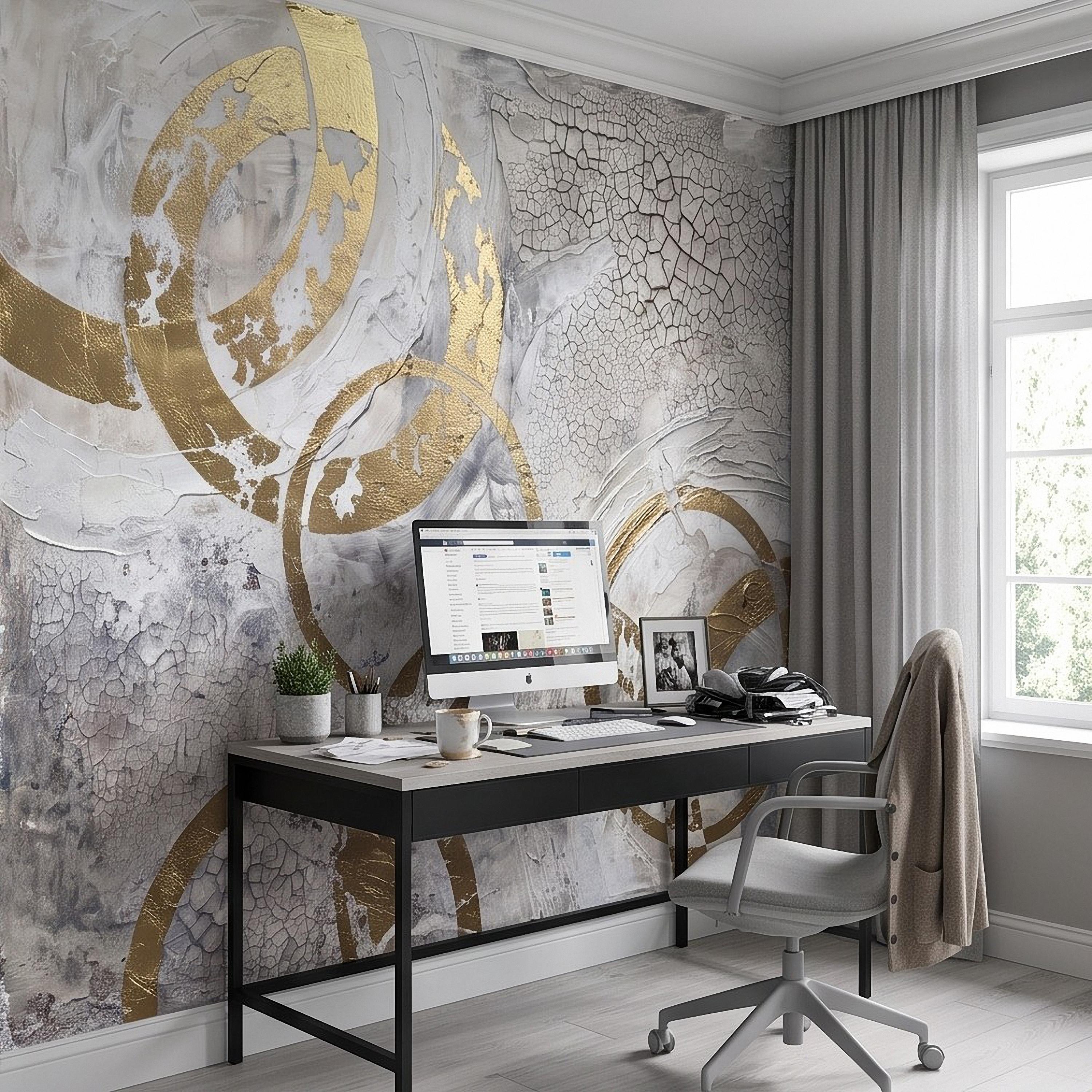 Abstract Gold Circles Peel and Stick Wall Mural, White Gray Geometric Cracked Plaster Texture Modern Luxury Contemporary Art Wallpaper