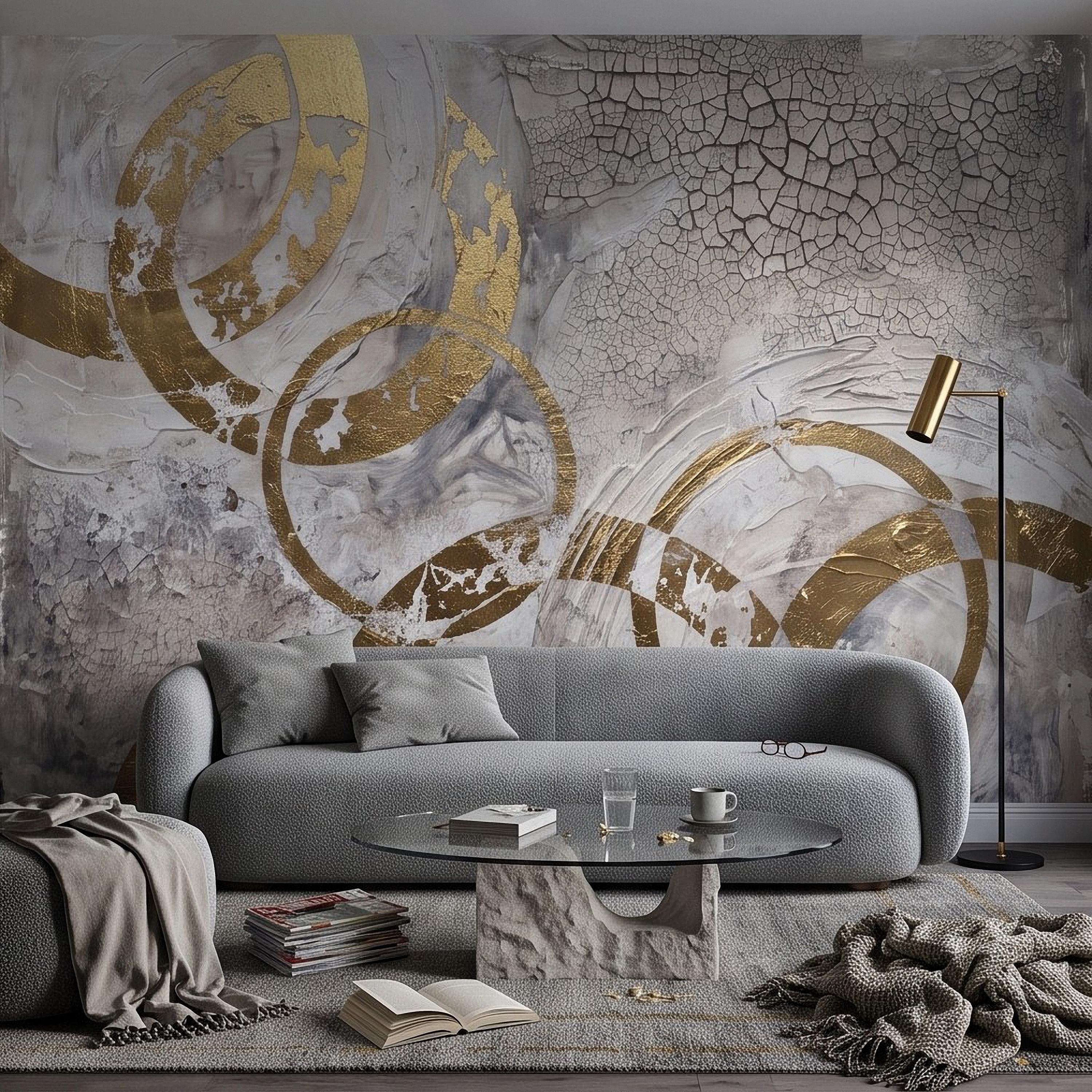 Abstract Gold Circles Peel and Stick Wall Mural, White Gray Geometric Cracked Plaster Texture Modern Luxury Contemporary Art Wallpaper