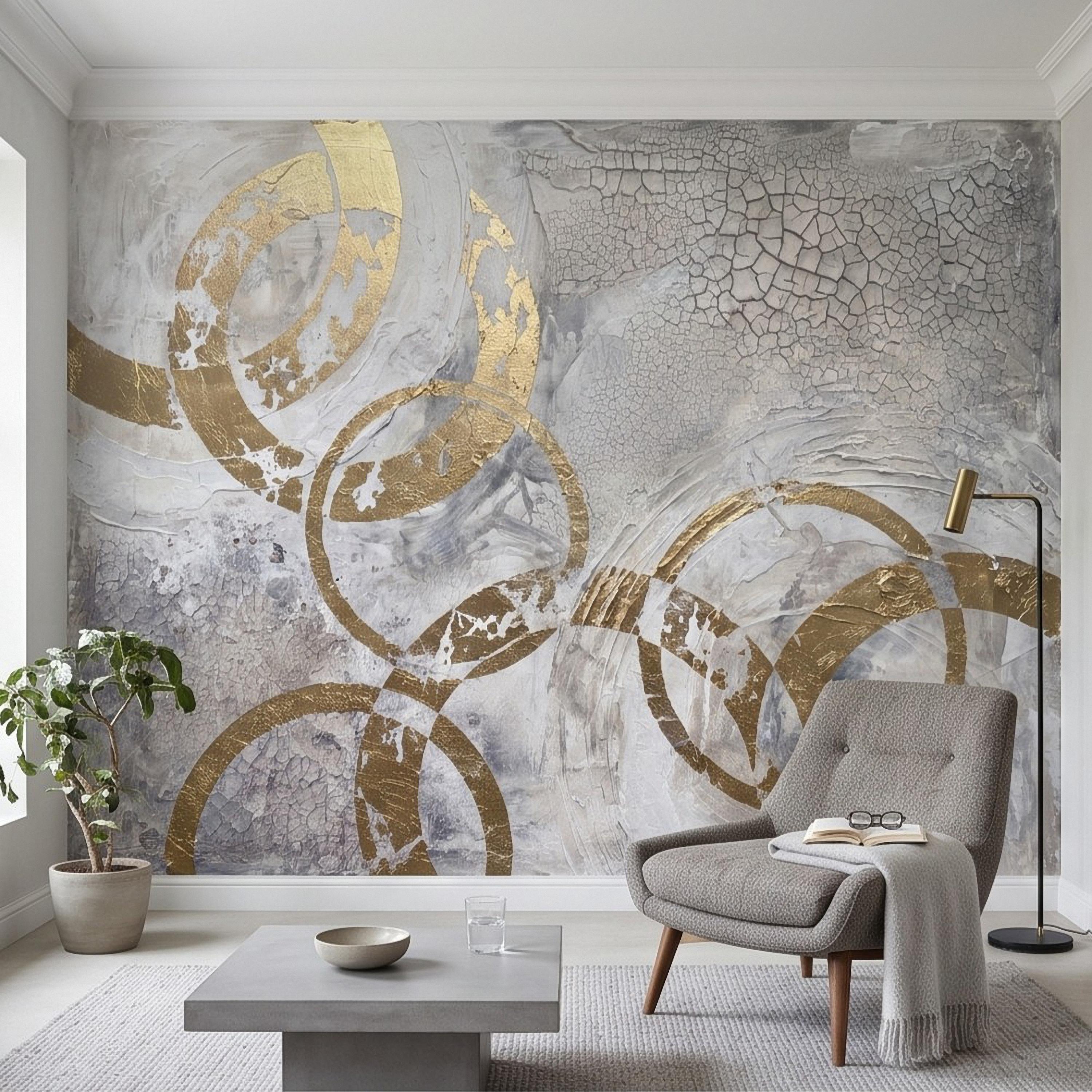 Abstract Gold Circles Peel and Stick Wall Mural, White Gray Geometric Cracked Plaster Texture Modern Luxury Contemporary Art Wallpaper
