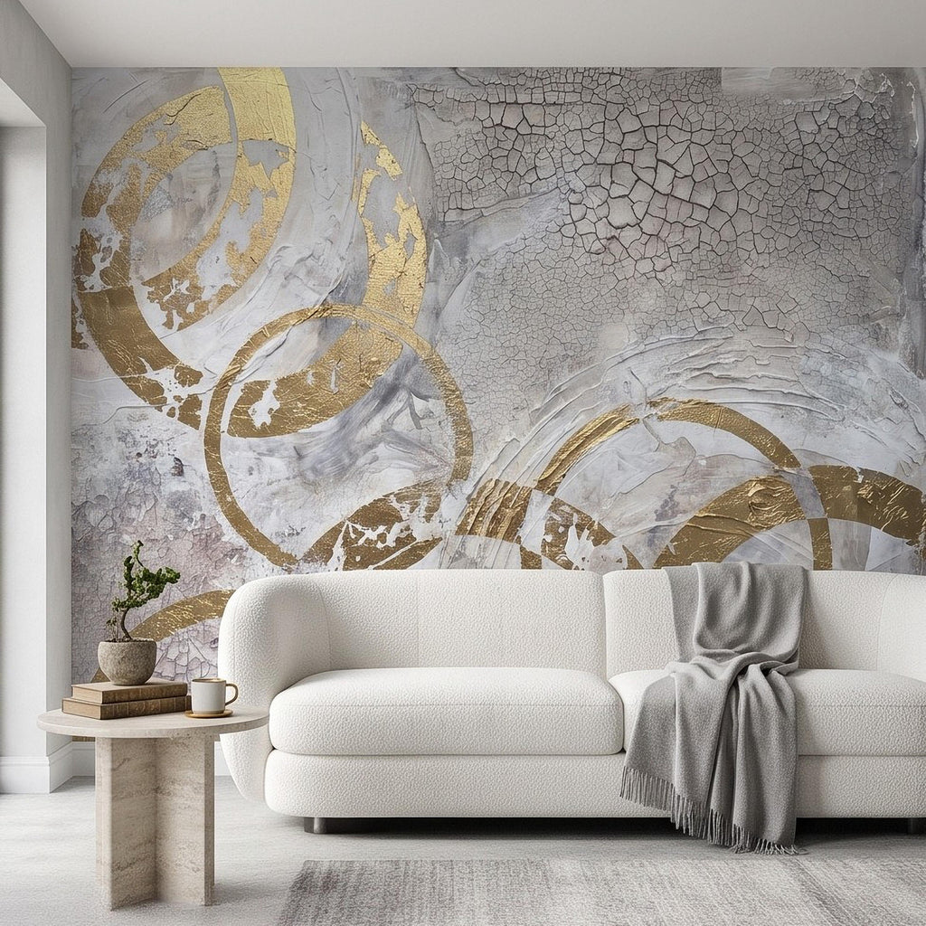 Abstract Gold Circles Peel and Stick Wall Mural, White Gray Geometric Cracked Plaster Texture Modern Luxury Contemporary Art Wallpaper