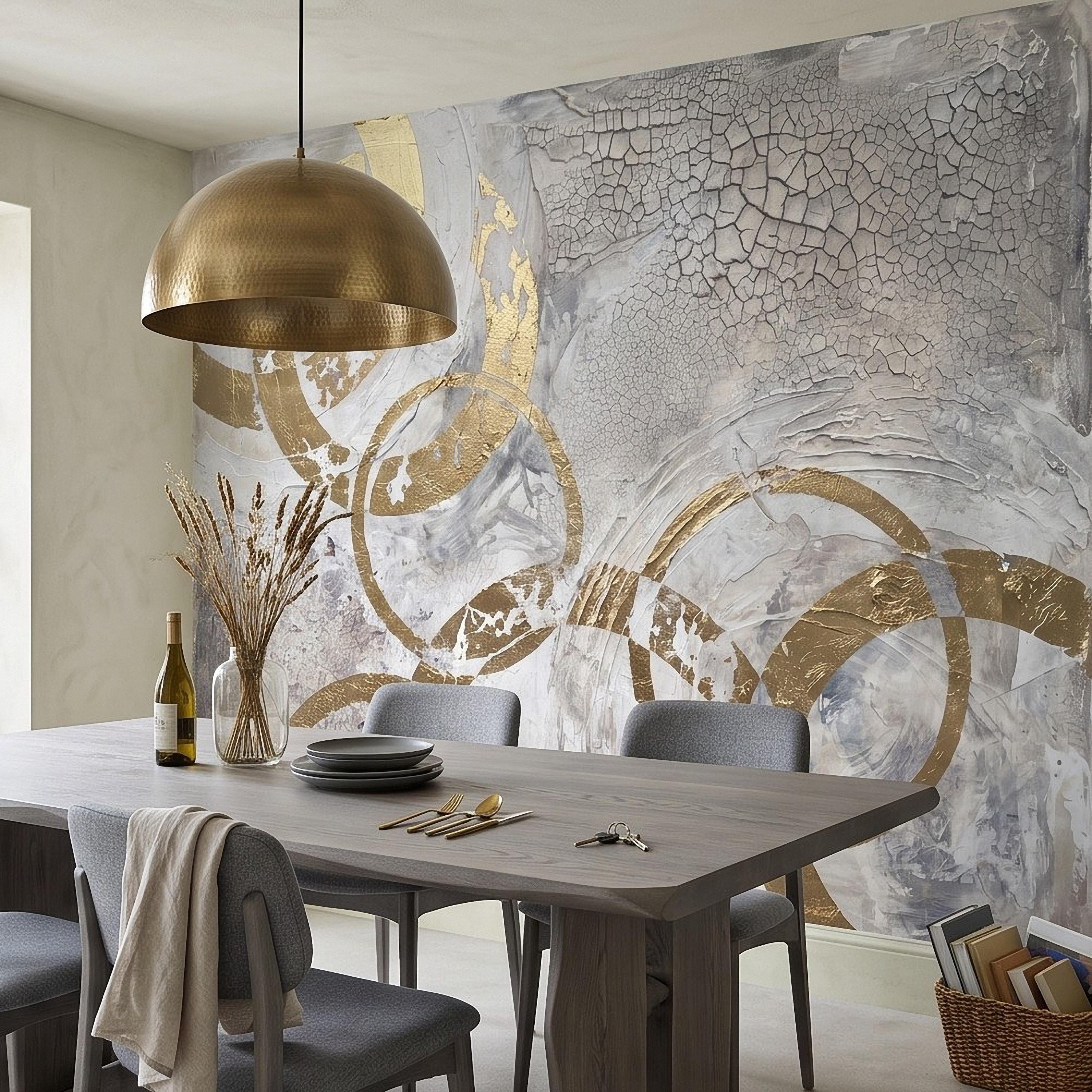 Abstract Gold Circles Peel and Stick Wall Mural, White Gray Geometric Cracked Plaster Texture Modern Luxury Contemporary Art Wallpaper