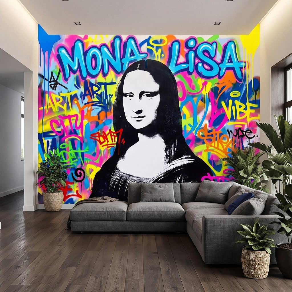 Mona Lisa Graffiti Peel and Stick Wall Mural, Colorful Street Style Renaissance Portrait Pop Culture Urban Graffiti Eclectic Wallpaper