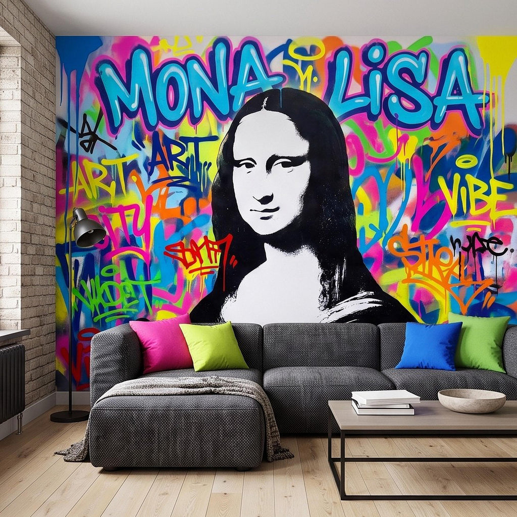 Mona Lisa Graffiti Peel and Stick Wall Mural, Colorful Street Style Renaissance Portrait Pop Culture Urban Graffiti Eclectic Wallpaper