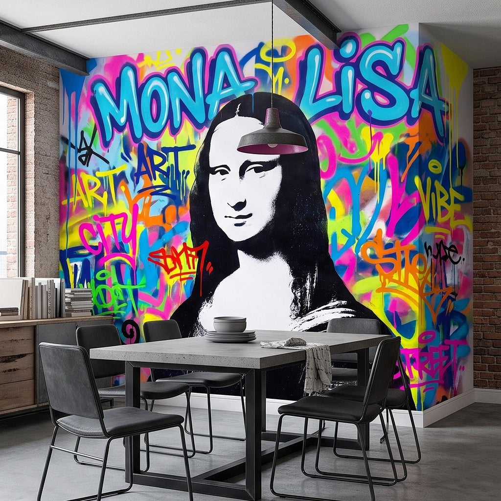 Mona Lisa Graffiti Peel and Stick Wall Mural, Colorful Street Style Renaissance Portrait Pop Culture Urban Graffiti Eclectic Wallpaper
