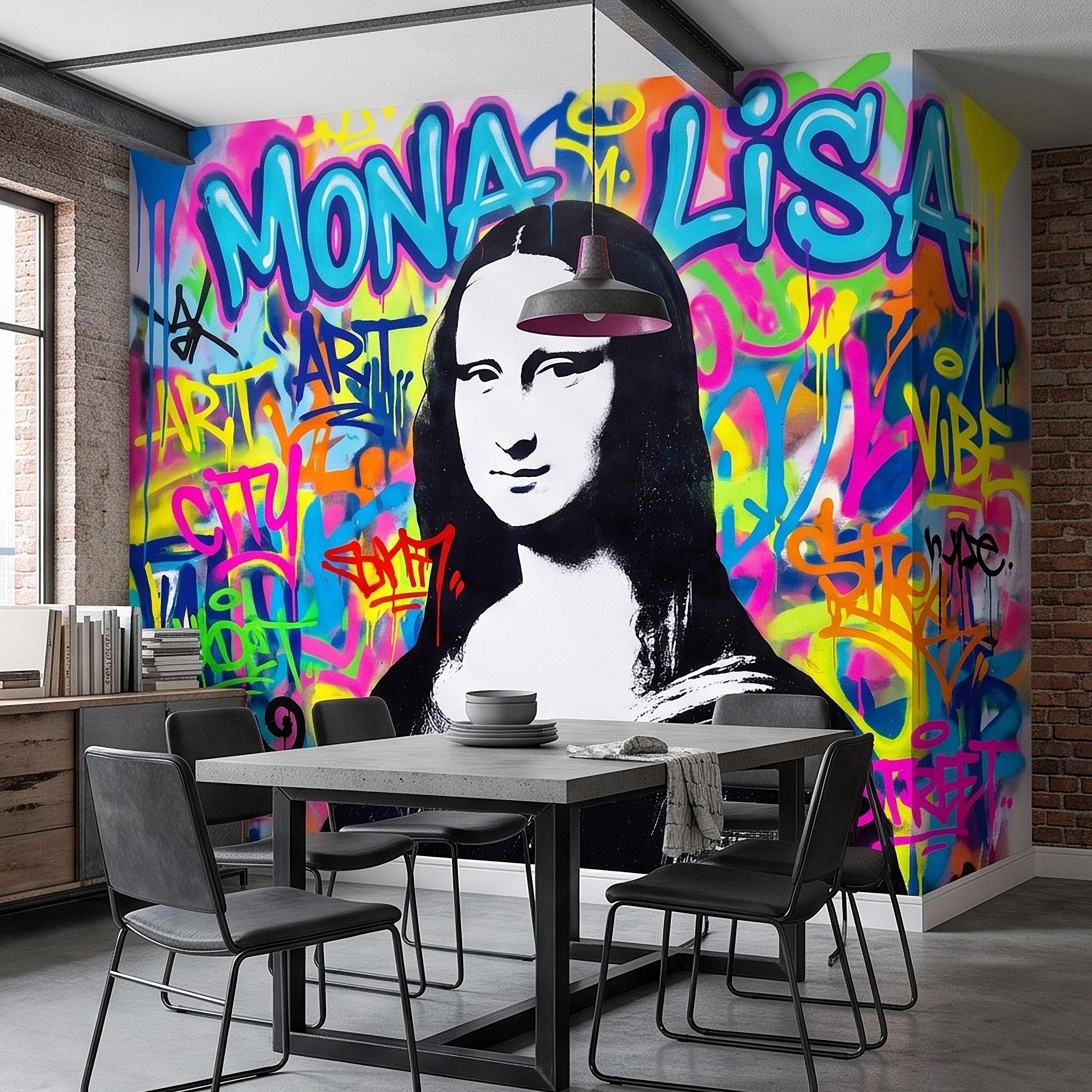 Mona Lisa Graffiti Peel and Stick Wall Mural, Colorful Street Style Renaissance Portrait Pop Culture Urban Graffiti Eclectic Wallpaper