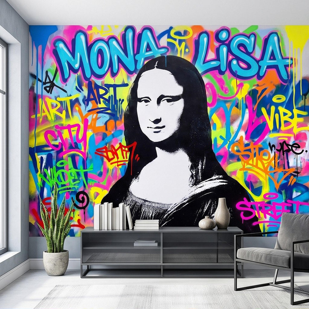 Mona Lisa Graffiti Peel and Stick Wall Mural, Colorful Street Style Renaissance Portrait Pop Culture Urban Graffiti Eclectic Wallpaper