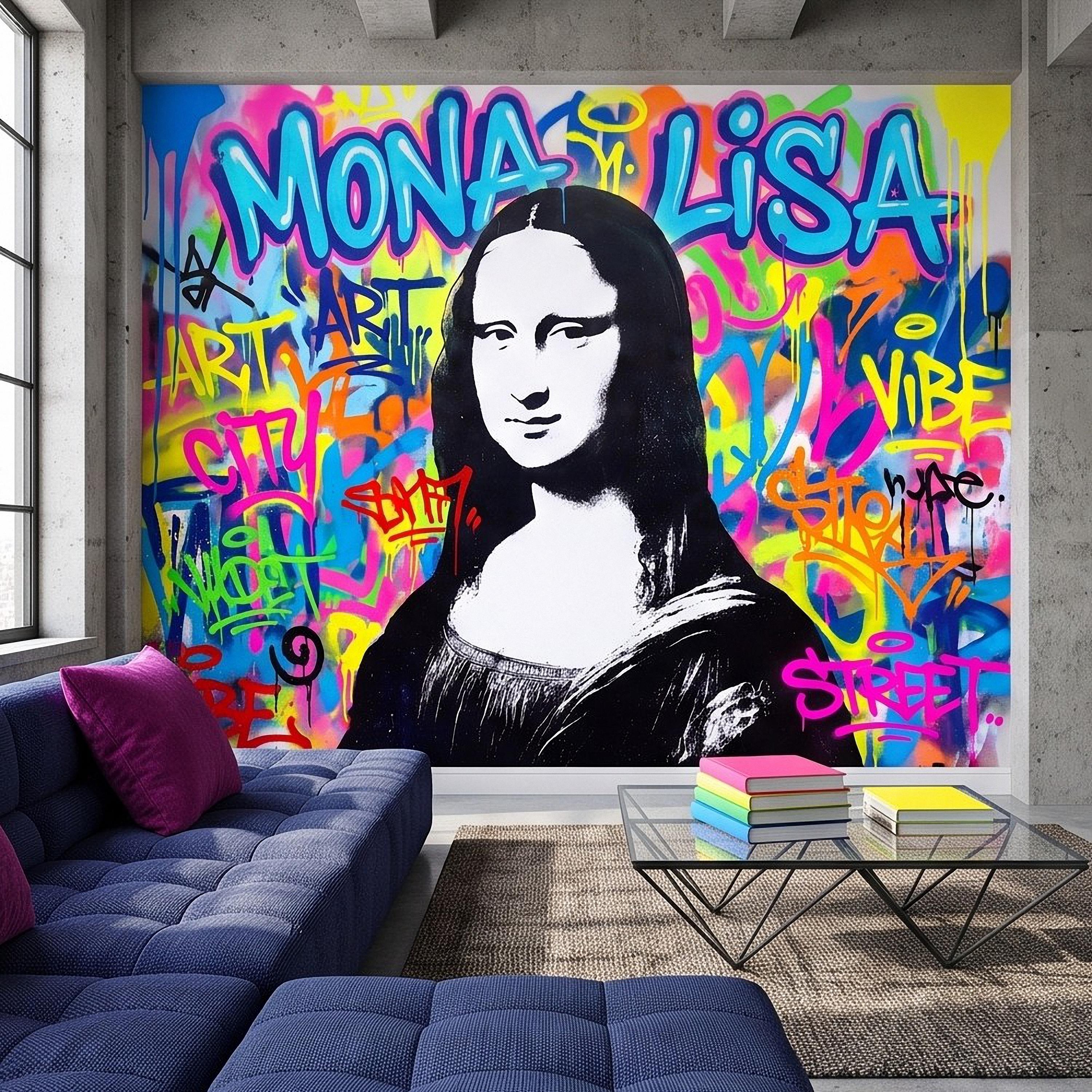 Mona Lisa Graffiti Peel and Stick Wall Mural, Colorful Street Style Renaissance Portrait Pop Culture Urban Graffiti Eclectic Wallpaper