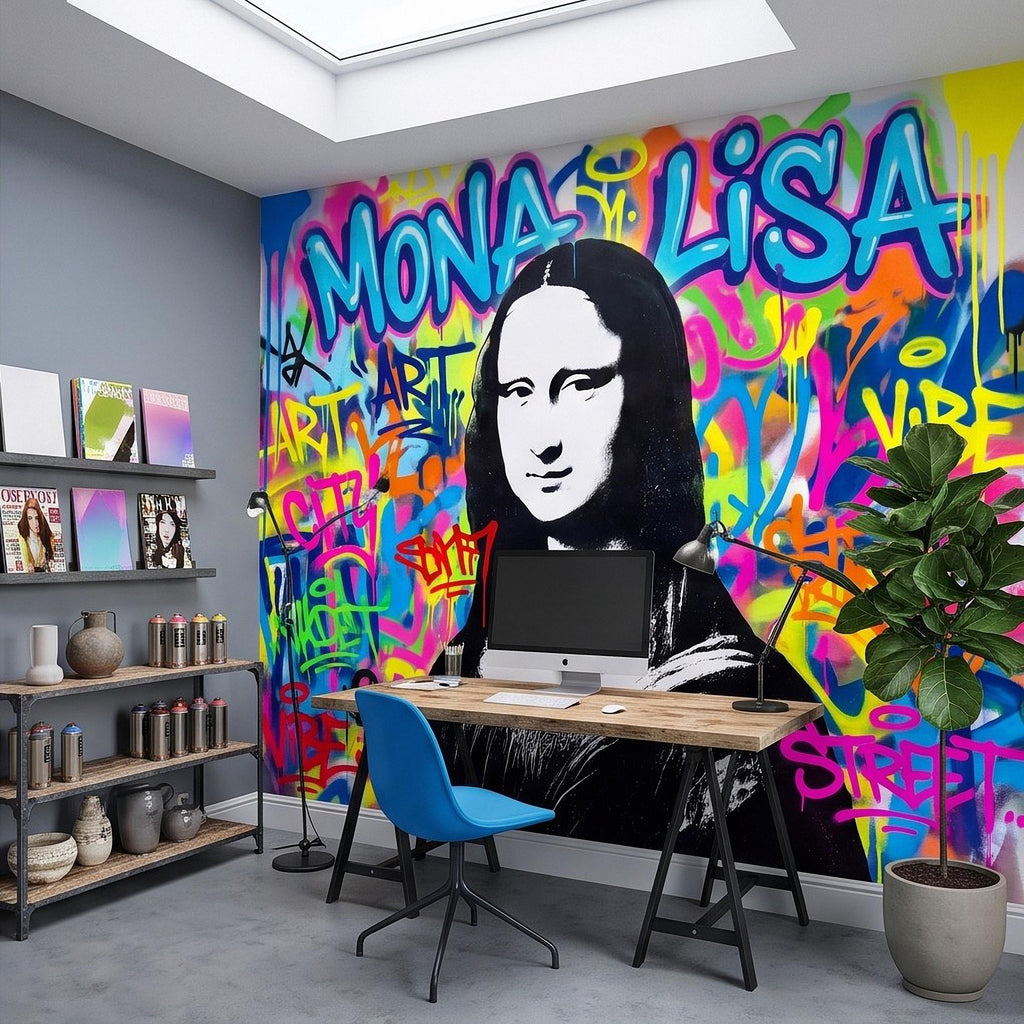 Mona Lisa Graffiti Peel and Stick Wall Mural, Colorful Street Style Renaissance Portrait Pop Culture Urban Graffiti Eclectic Wallpaper