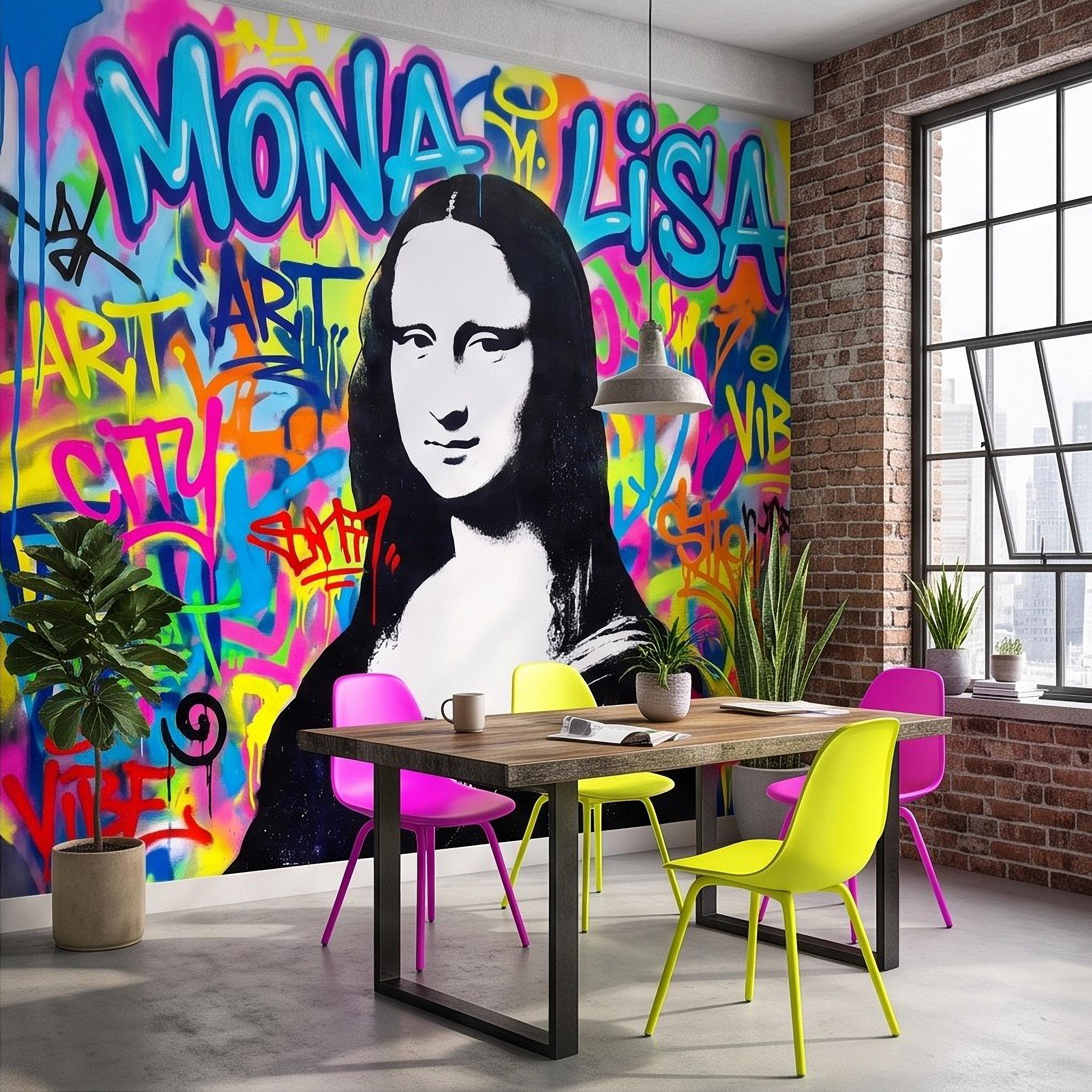 Mona Lisa Graffiti Peel and Stick Wall Mural, Colorful Street Style Renaissance Portrait Pop Culture Urban Graffiti Eclectic Wallpaper